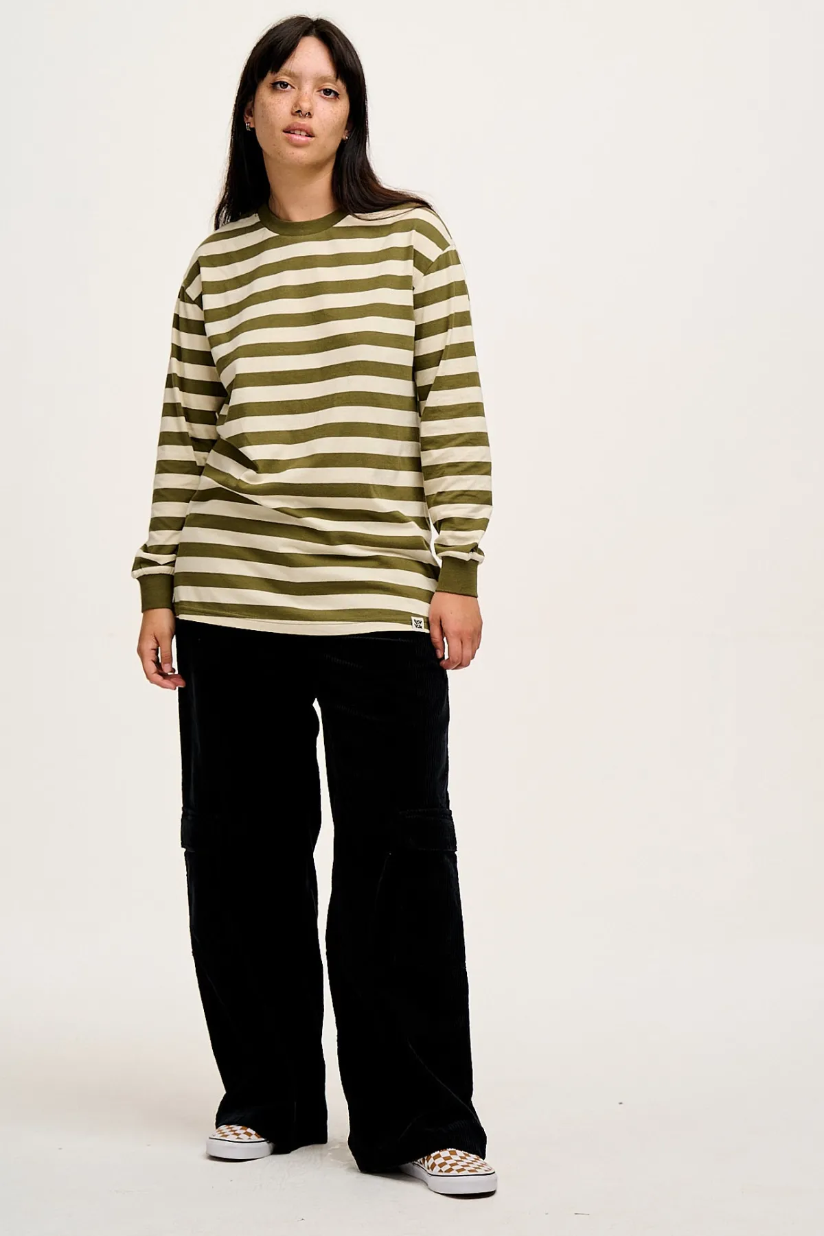 Lucy & Yak Kenny - Long Sleeve Skater Cotton Tee in Green & Ecru Stripe