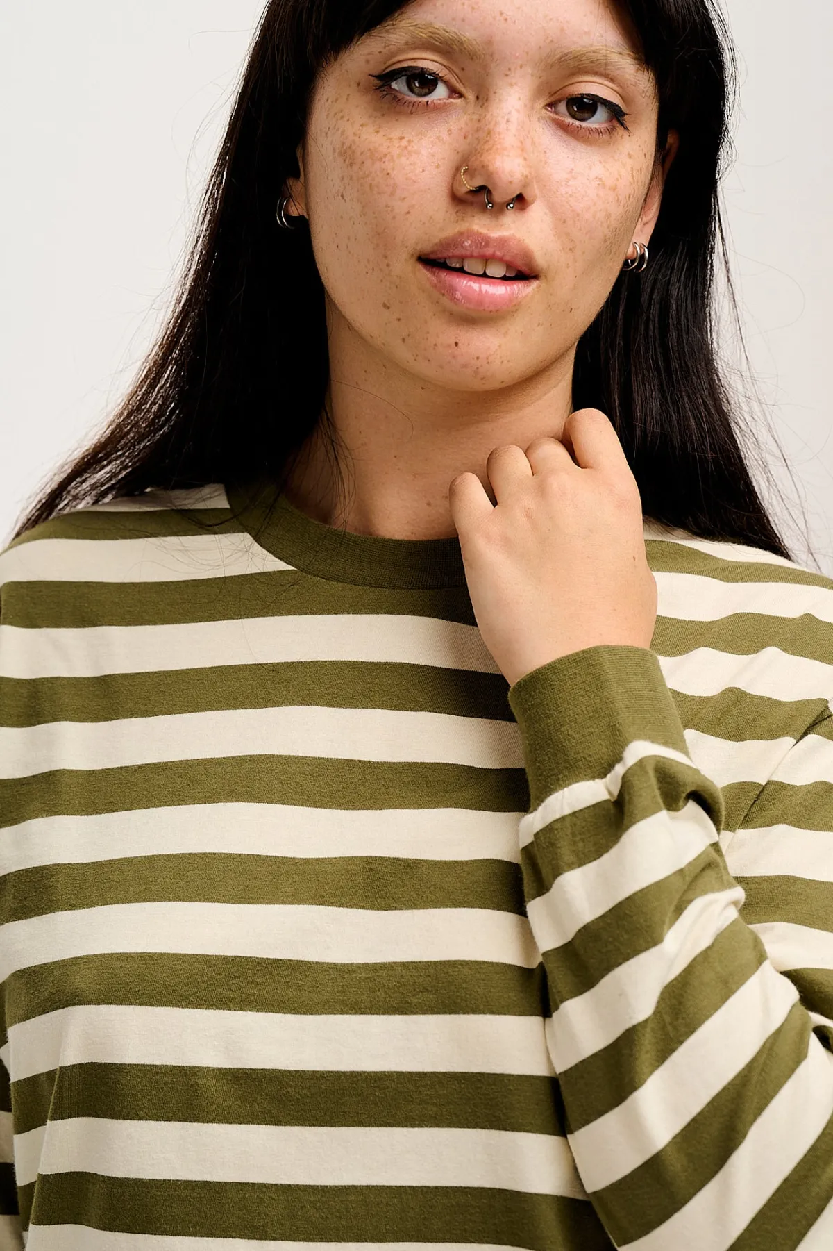 Lucy & Yak Kenny - Long Sleeve Skater Cotton Tee in Green & Ecru Stripe