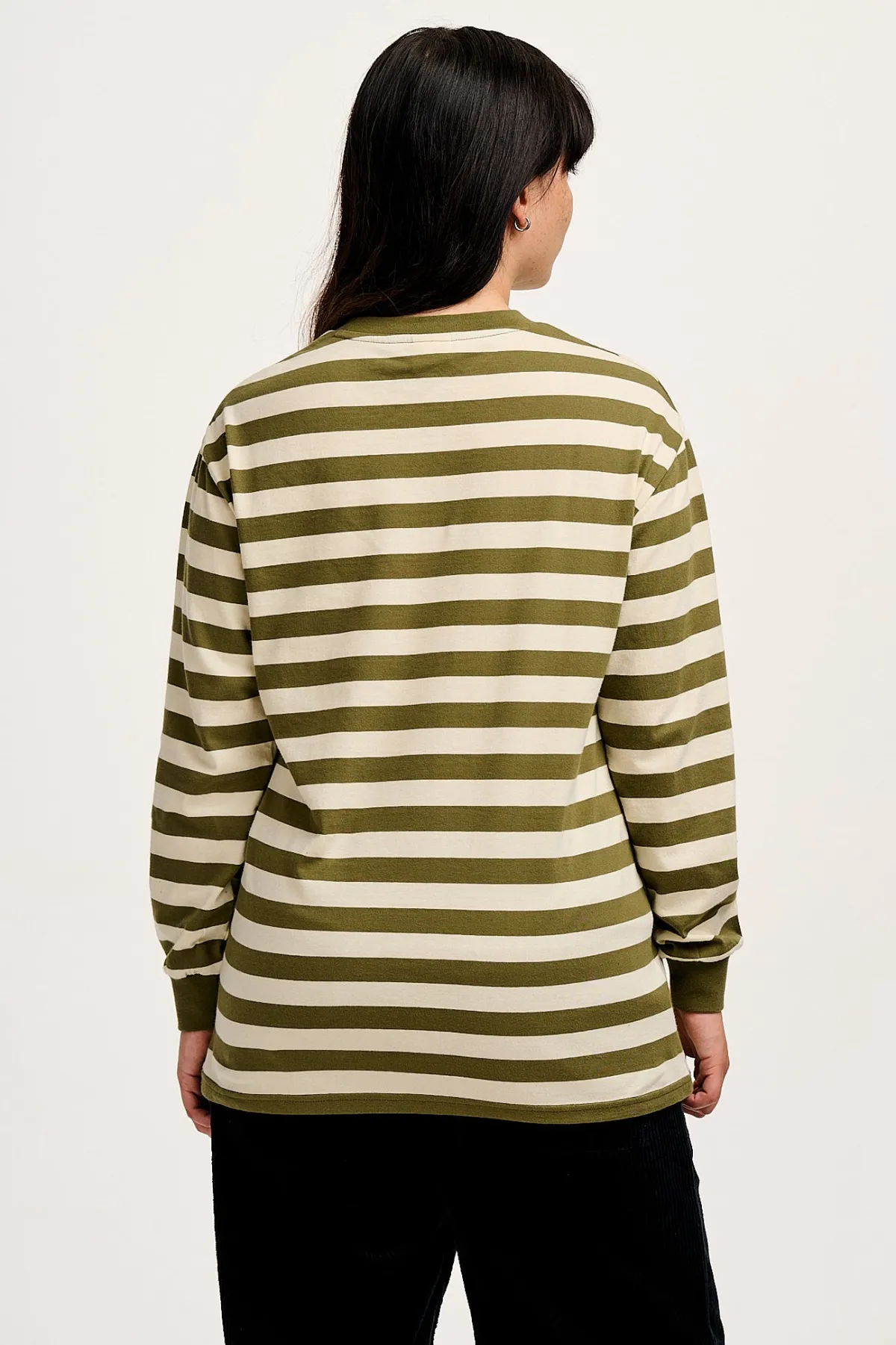Lucy & Yak Kenny - Long Sleeve Skater Cotton Tee in Green & Ecru Stripe