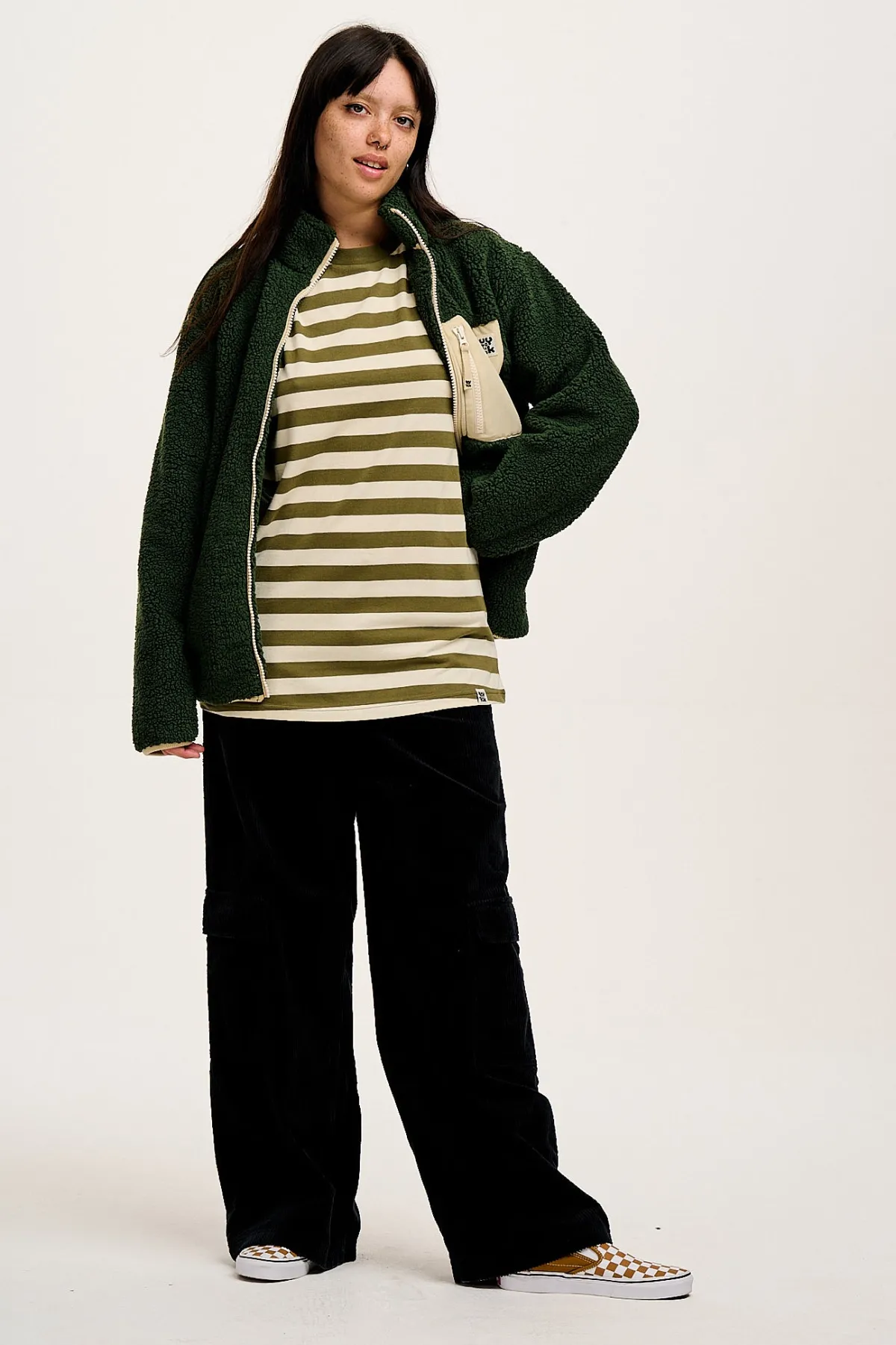 Lucy & Yak Kenny - Long Sleeve Skater Cotton Tee in Green & Ecru Stripe