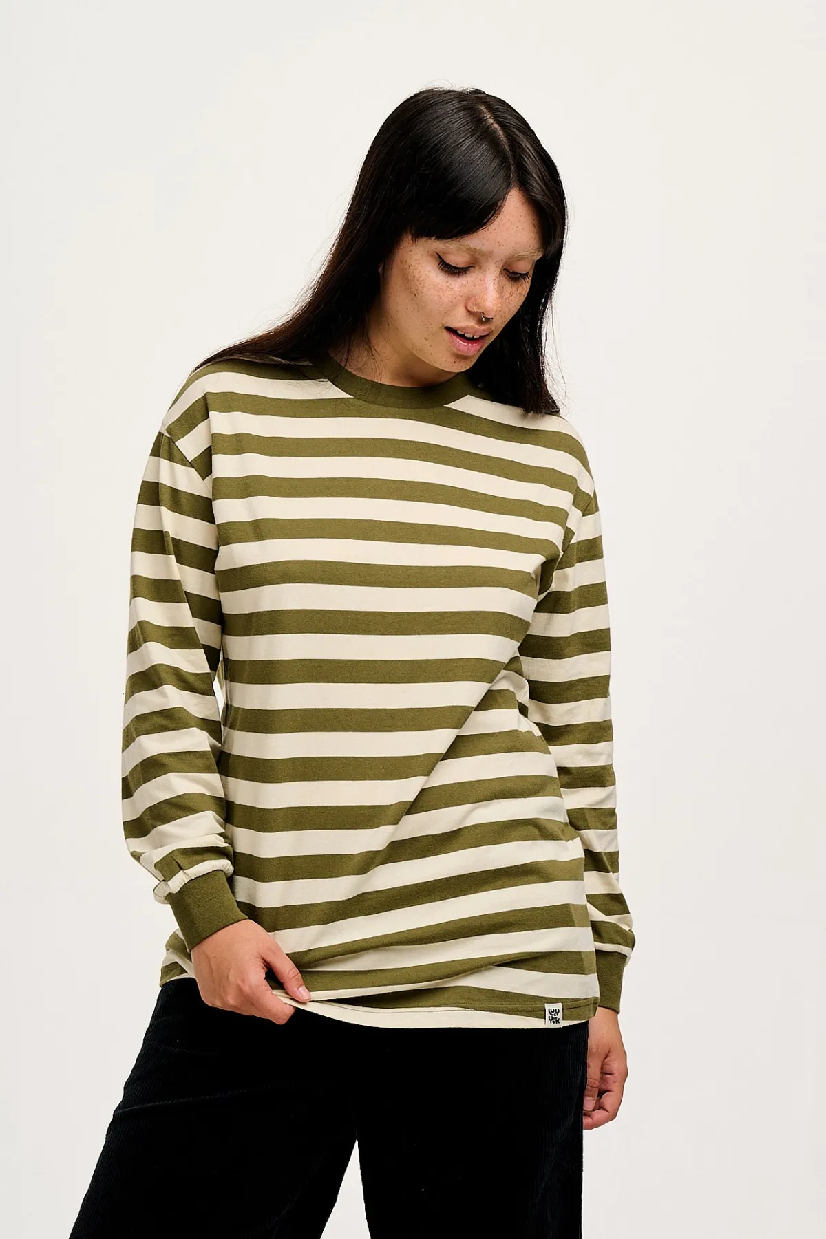 Lucy & Yak Kenny - Long Sleeve Skater Cotton Tee in Green & Ecru Stripe