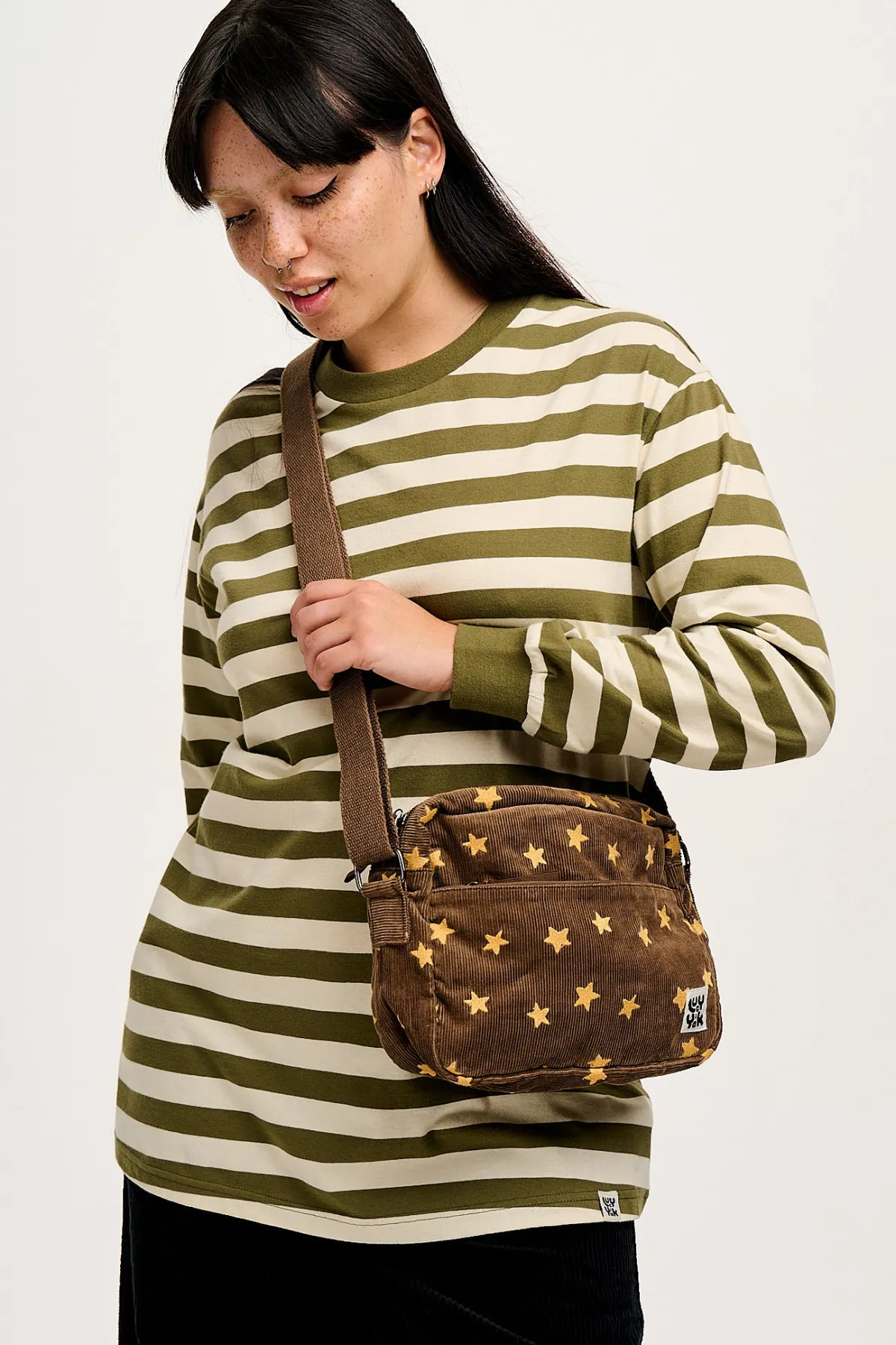 Lucy & Yak Kenny - Long Sleeve Skater Cotton Tee in Green & Ecru Stripe