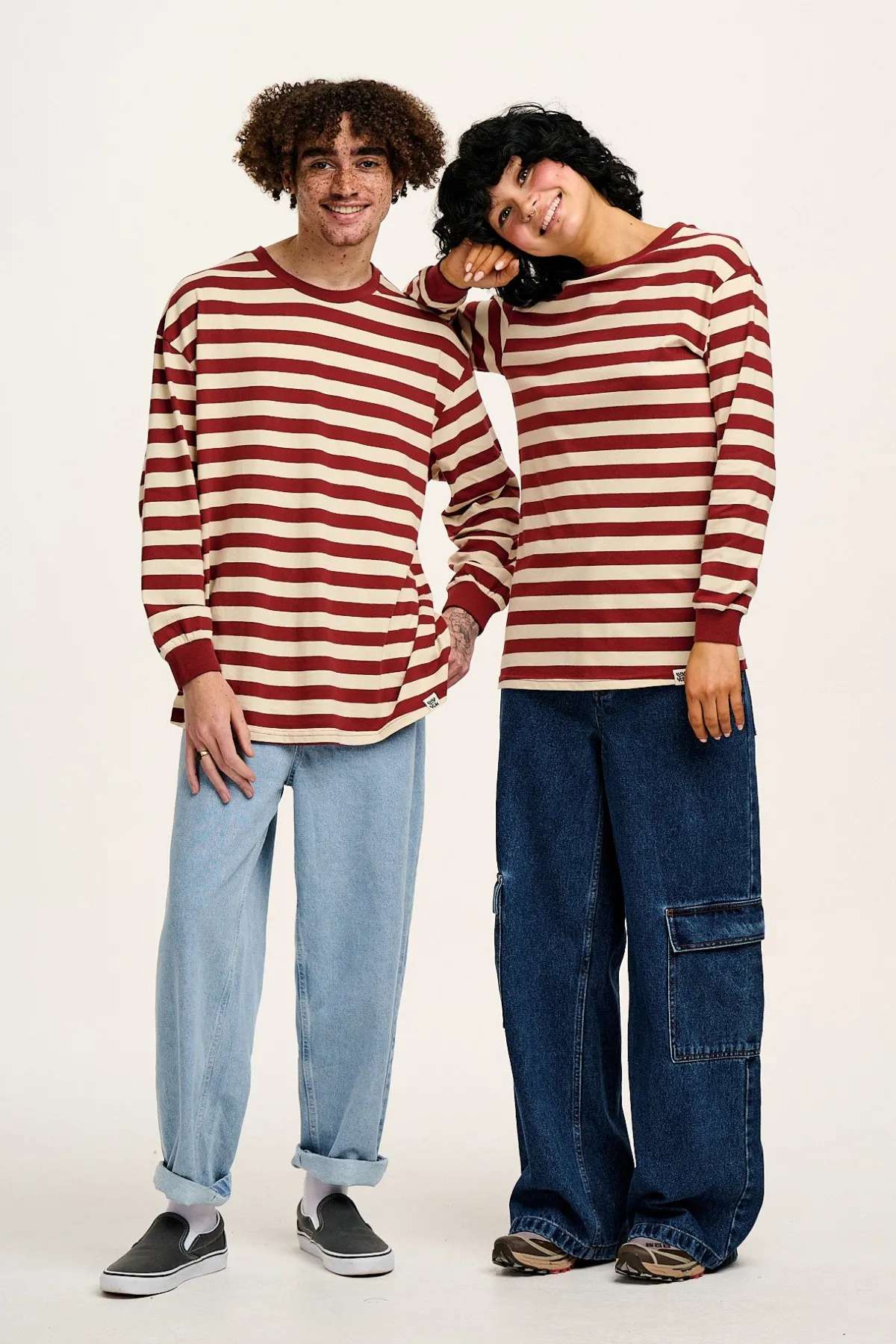 Lucy & Yak Kenny - Long Sleeve Skater Cotton Tee in Maroon & Ecru Stripe