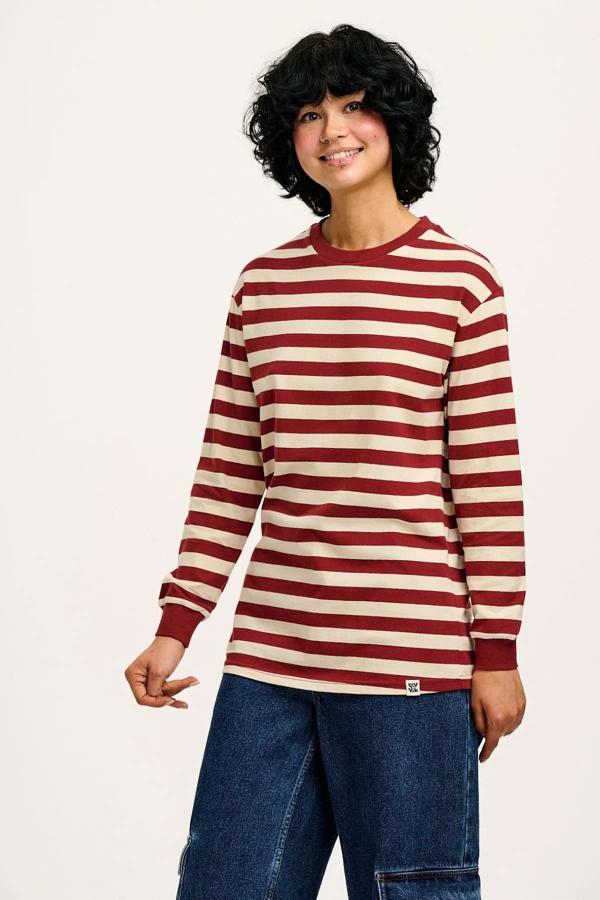 Lucy & Yak Kenny - Long Sleeve Skater Cotton Tee in Maroon & Ecru Stripe