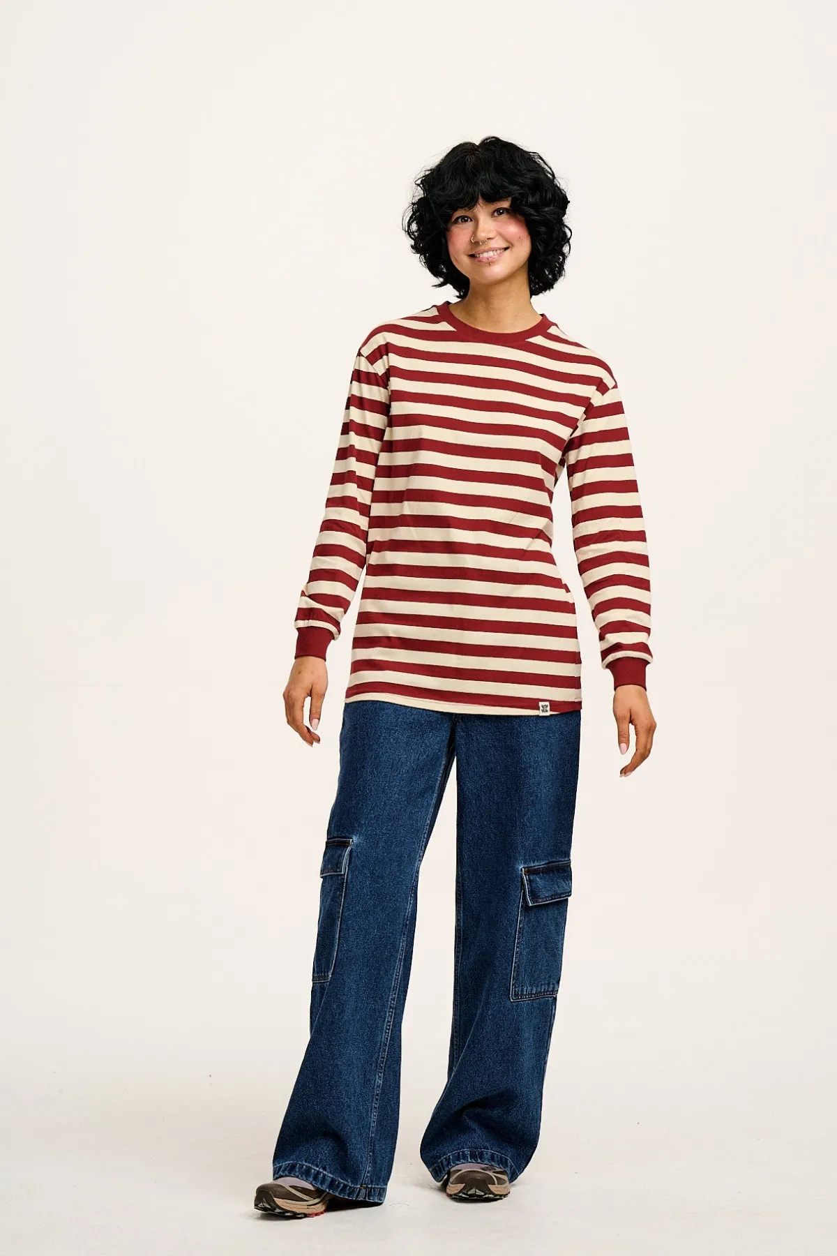 Lucy & Yak Kenny - Long Sleeve Skater Cotton Tee in Maroon & Ecru Stripe