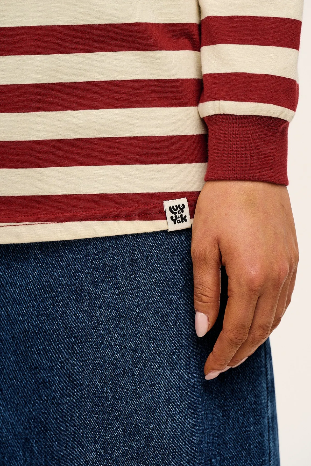 Lucy & Yak Kenny - Long Sleeve Skater Cotton Tee in Maroon & Ecru Stripe