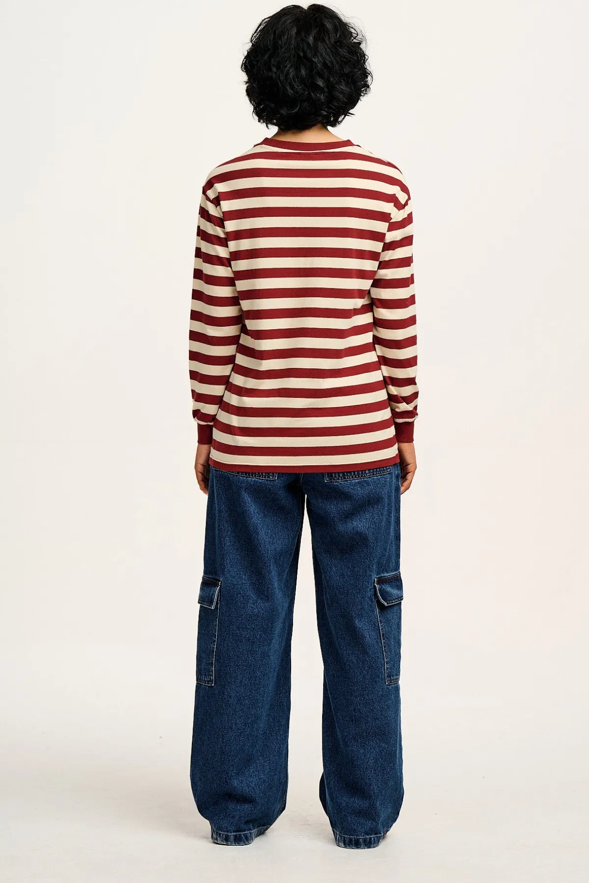 Lucy & Yak Kenny - Long Sleeve Skater Cotton Tee in Maroon & Ecru Stripe