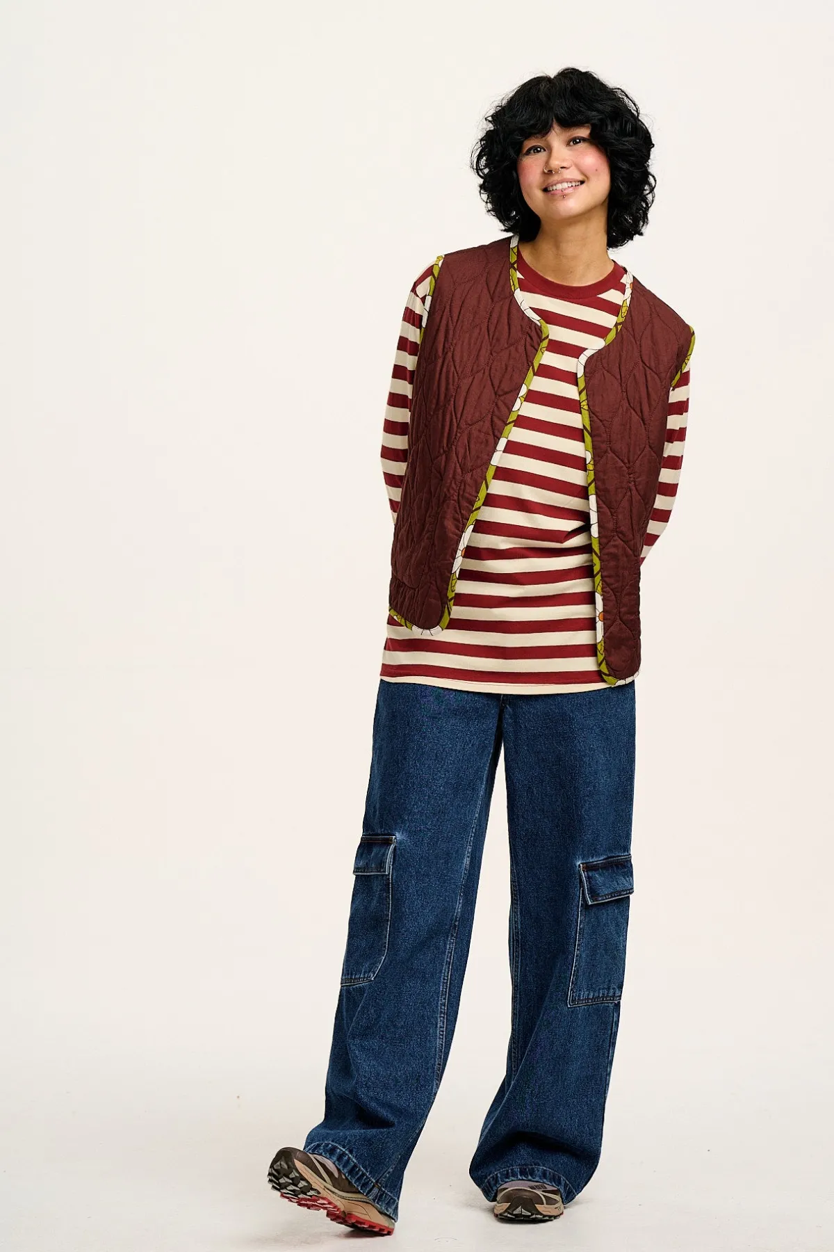 Lucy & Yak Kenny - Long Sleeve Skater Cotton Tee in Maroon & Ecru Stripe