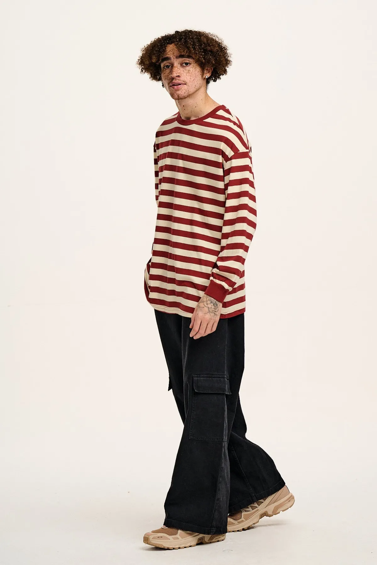 Lucy & Yak Kenny - Long Sleeve Skater Cotton Tee in Maroon & Ecru Stripe