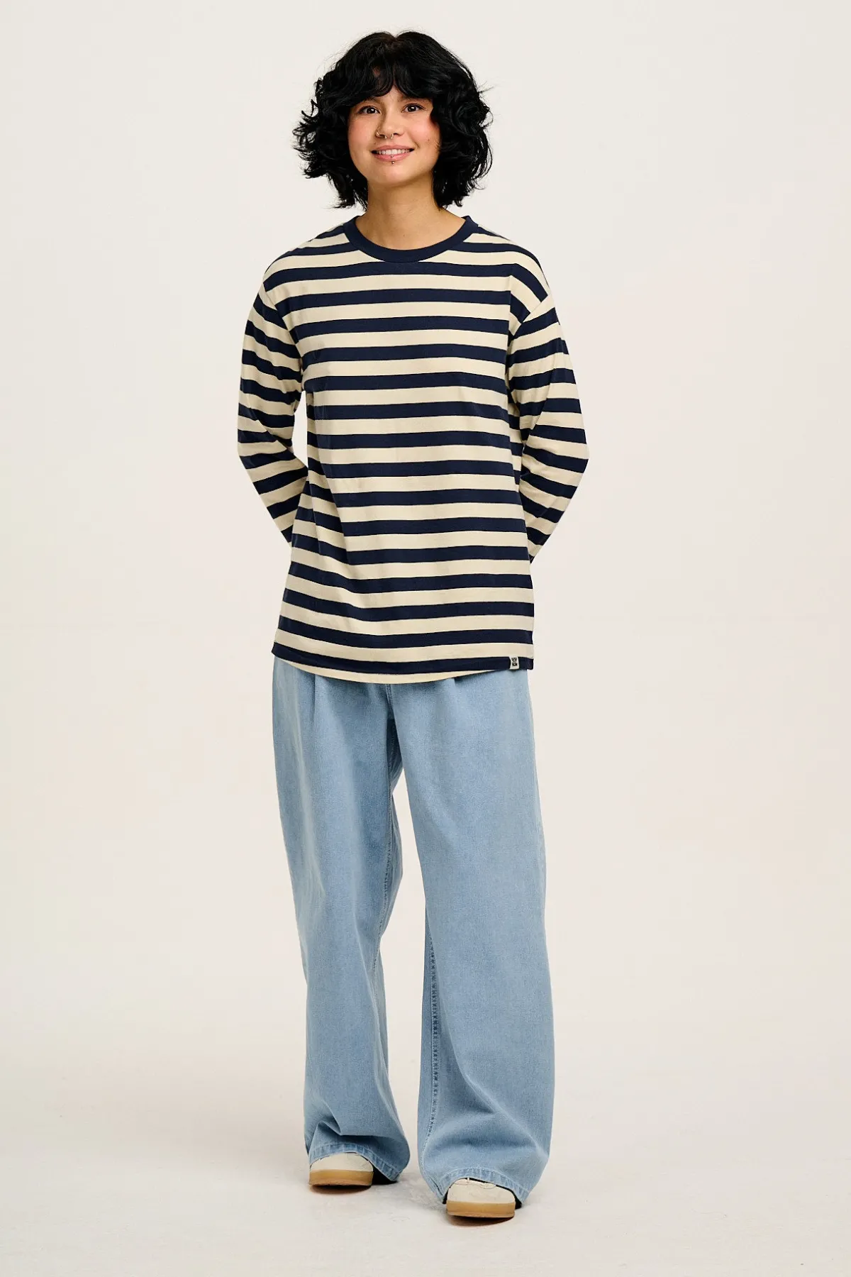 Lucy & Yak Kenny - Long Sleeve Skater Cotton Tee in Navy & Ecru Stripe