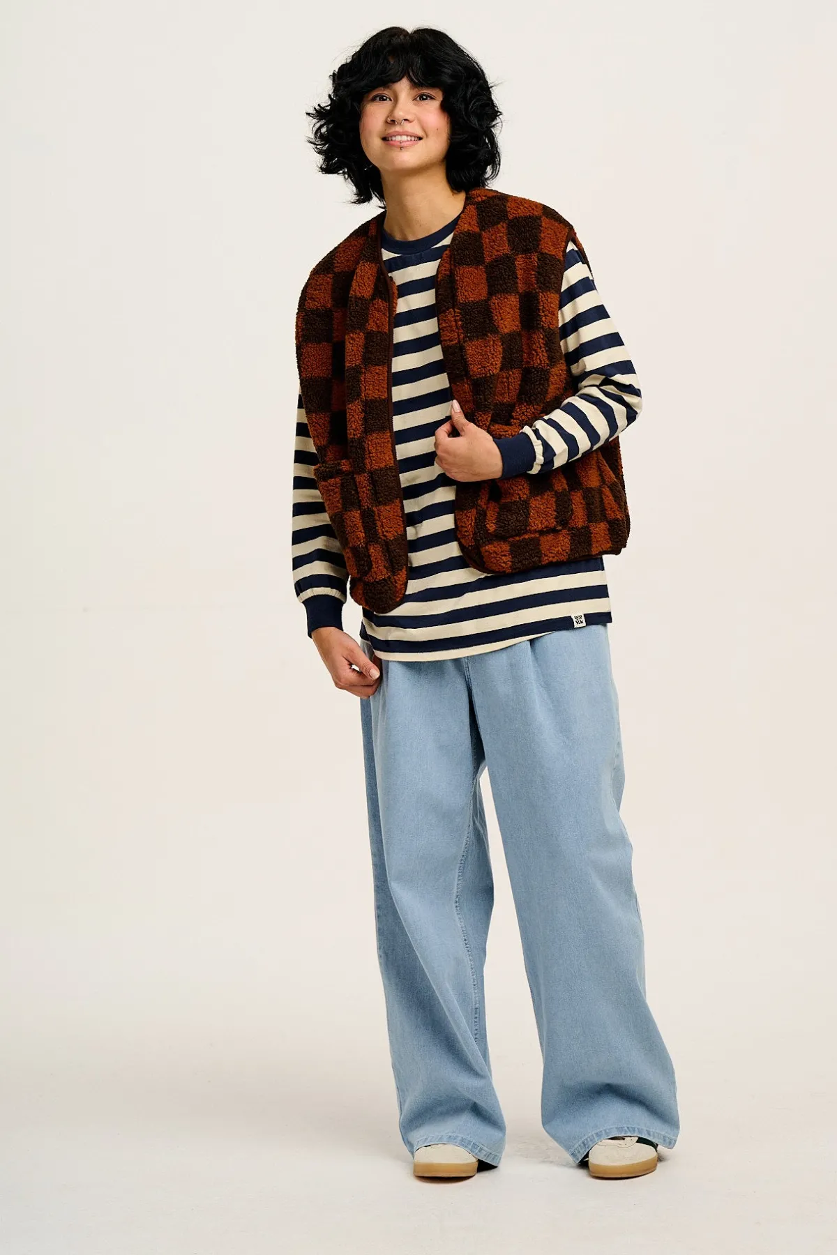 Lucy & Yak Kenny - Long Sleeve Skater Cotton Tee in Navy & Ecru Stripe