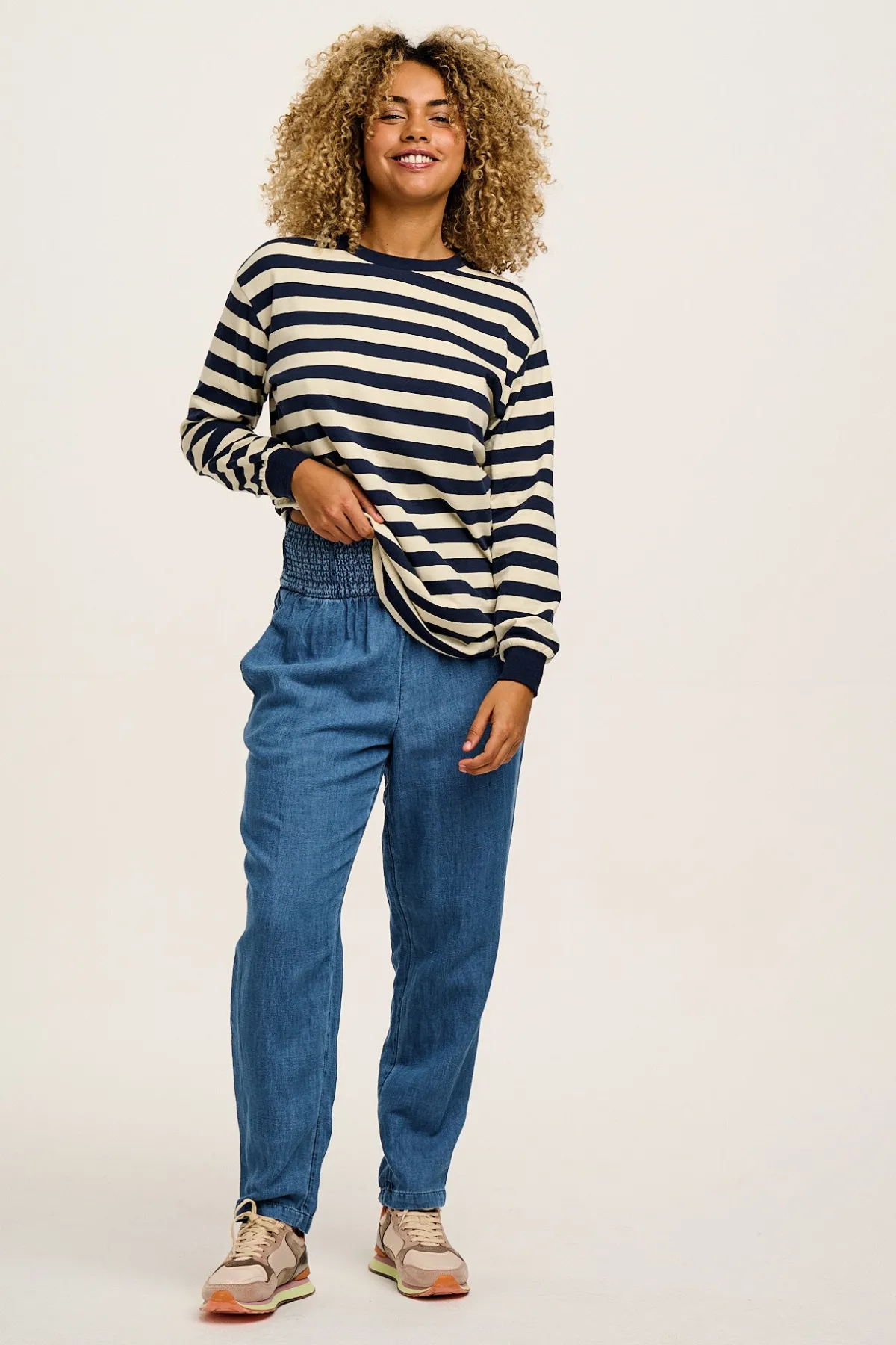 Lucy & Yak Kenny - Long Sleeve Skater Cotton Tee in Navy & Ecru Stripe