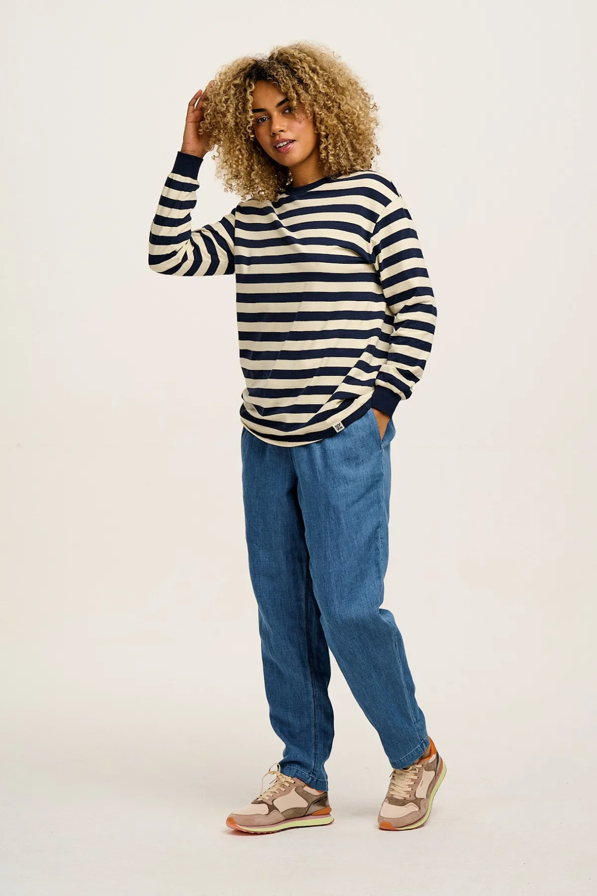 Lucy & Yak Kenny - Long Sleeve Skater Cotton Tee in Navy & Ecru Stripe
