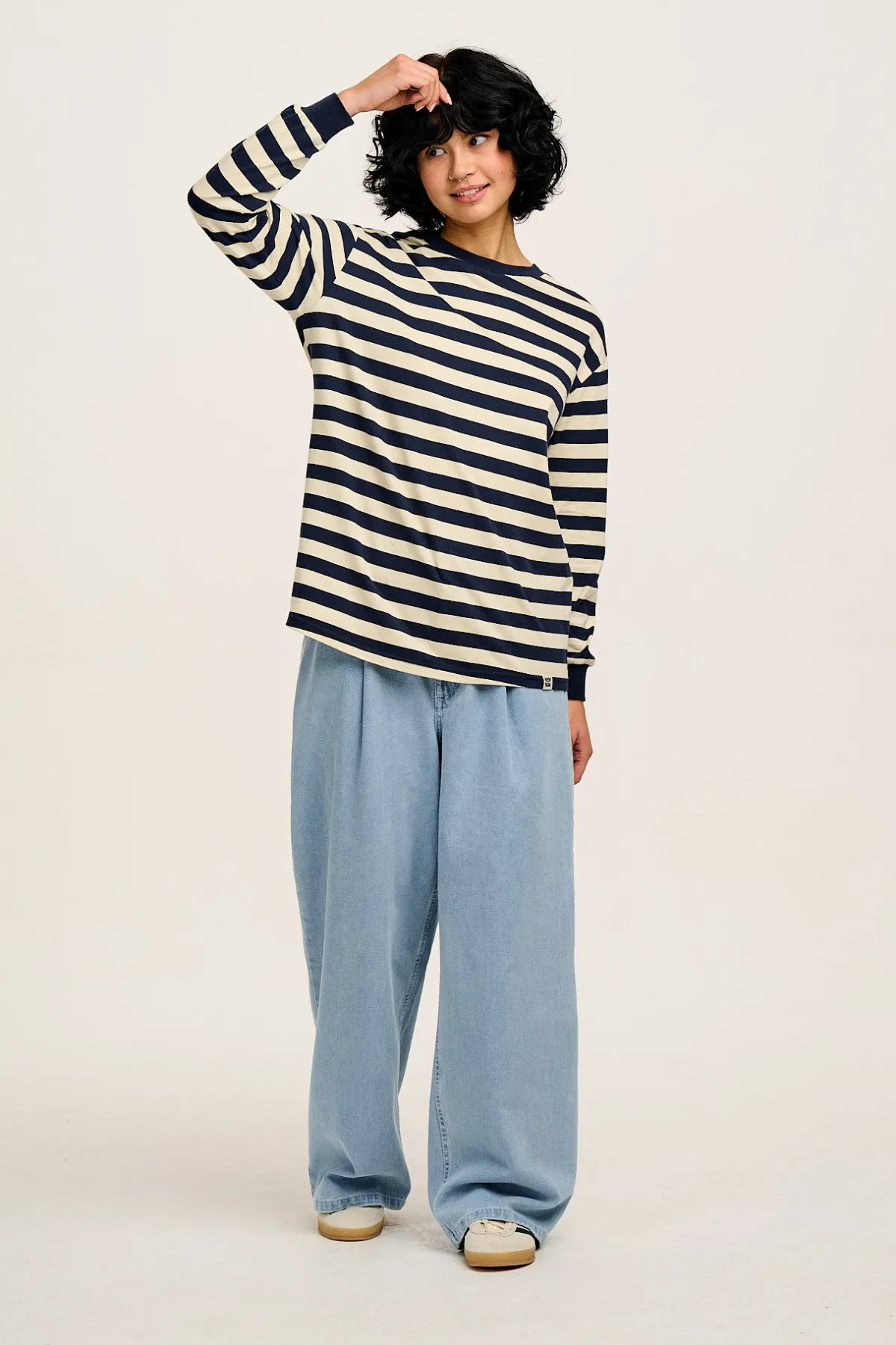Lucy & Yak Kenny - Long Sleeve Skater Cotton Tee in Navy & Ecru Stripe
