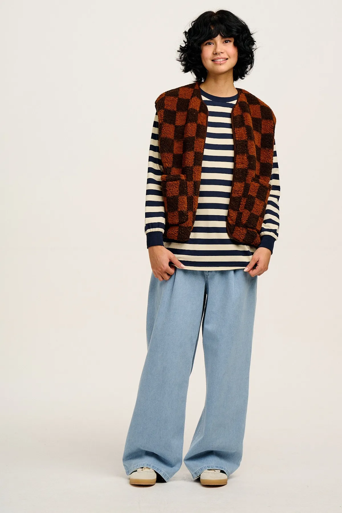 Lucy & Yak Kenny - Long Sleeve Skater Cotton Tee in Navy & Ecru Stripe