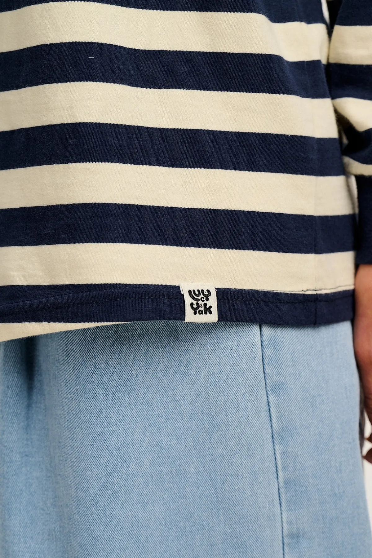 Lucy & Yak Kenny - Long Sleeve Skater Cotton Tee in Navy & Ecru Stripe
