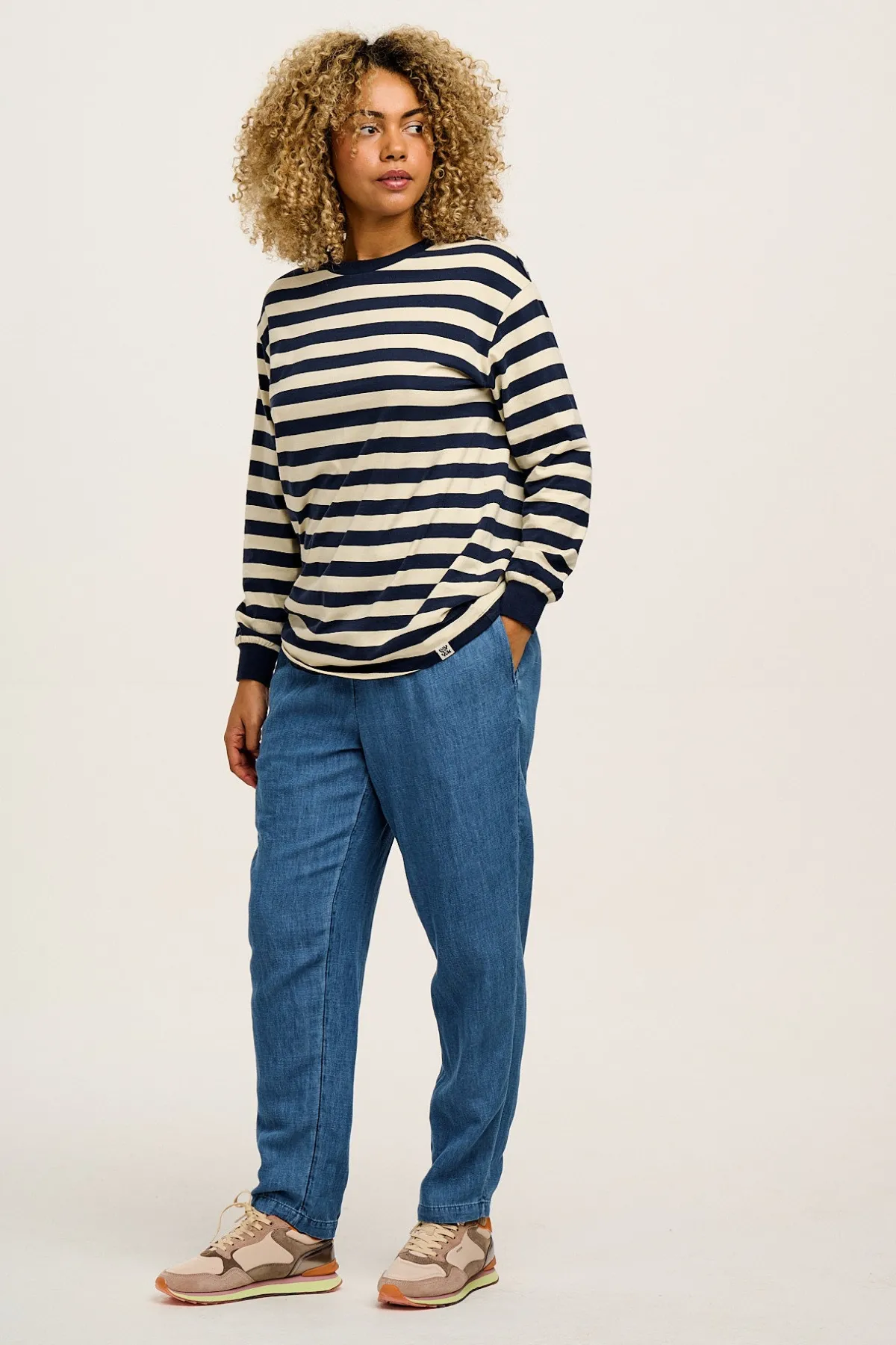 Lucy & Yak Kenny - Long Sleeve Skater Cotton Tee in Navy & Ecru Stripe