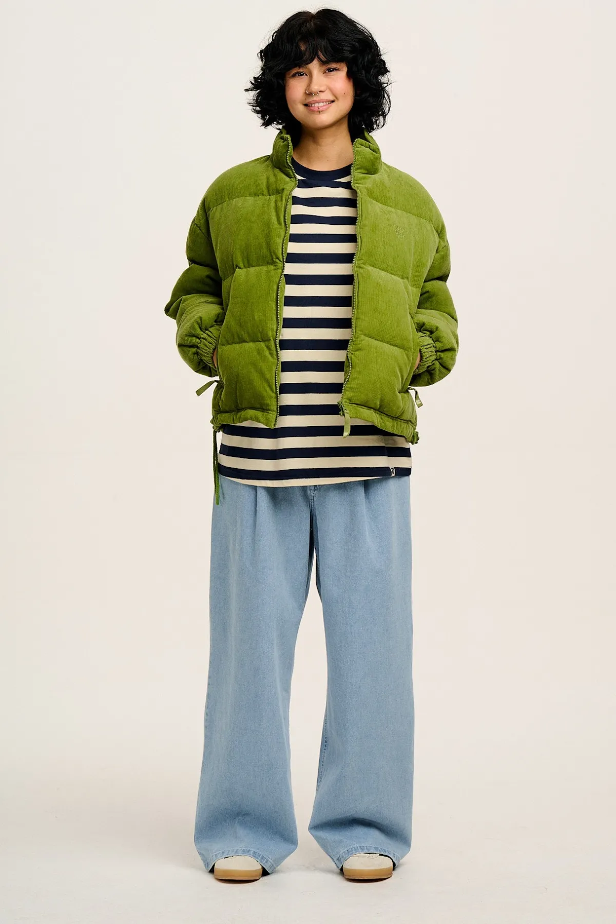 Lucy & Yak Kenny - Long Sleeve Skater Cotton Tee in Navy & Ecru Stripe