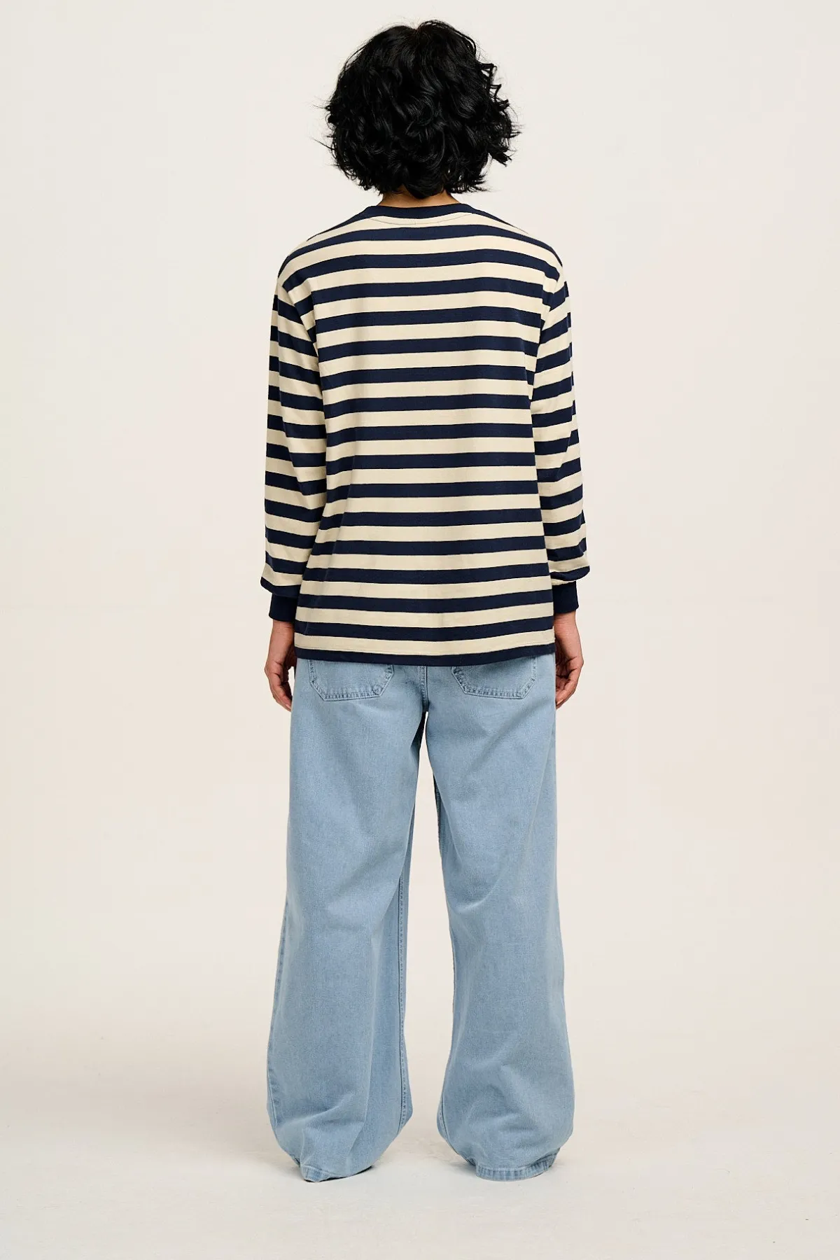Lucy & Yak Kenny - Long Sleeve Skater Cotton Tee in Navy & Ecru Stripe