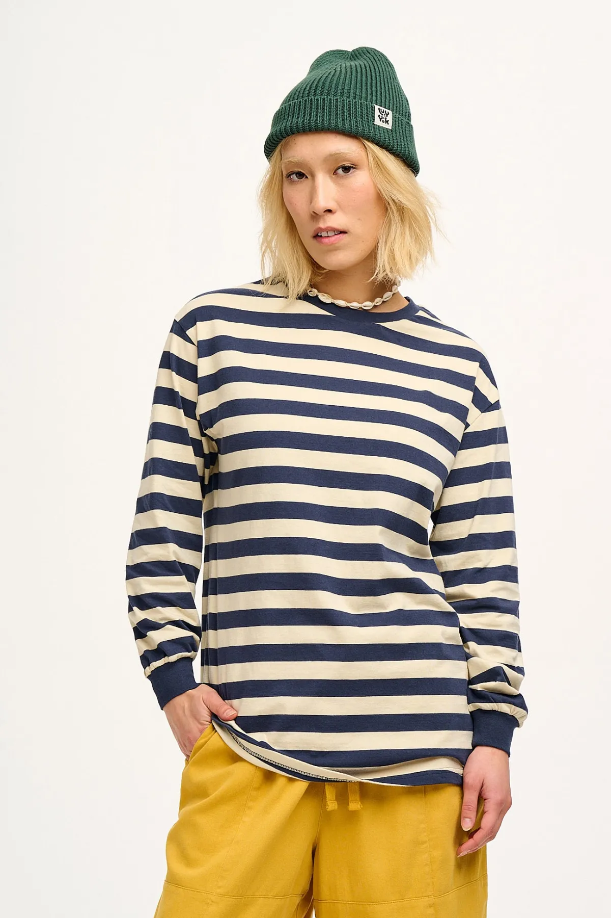 Lucy & Yak Kenny - Long Sleeve Skater Cotton Tee in Navy & Ecru Stripe