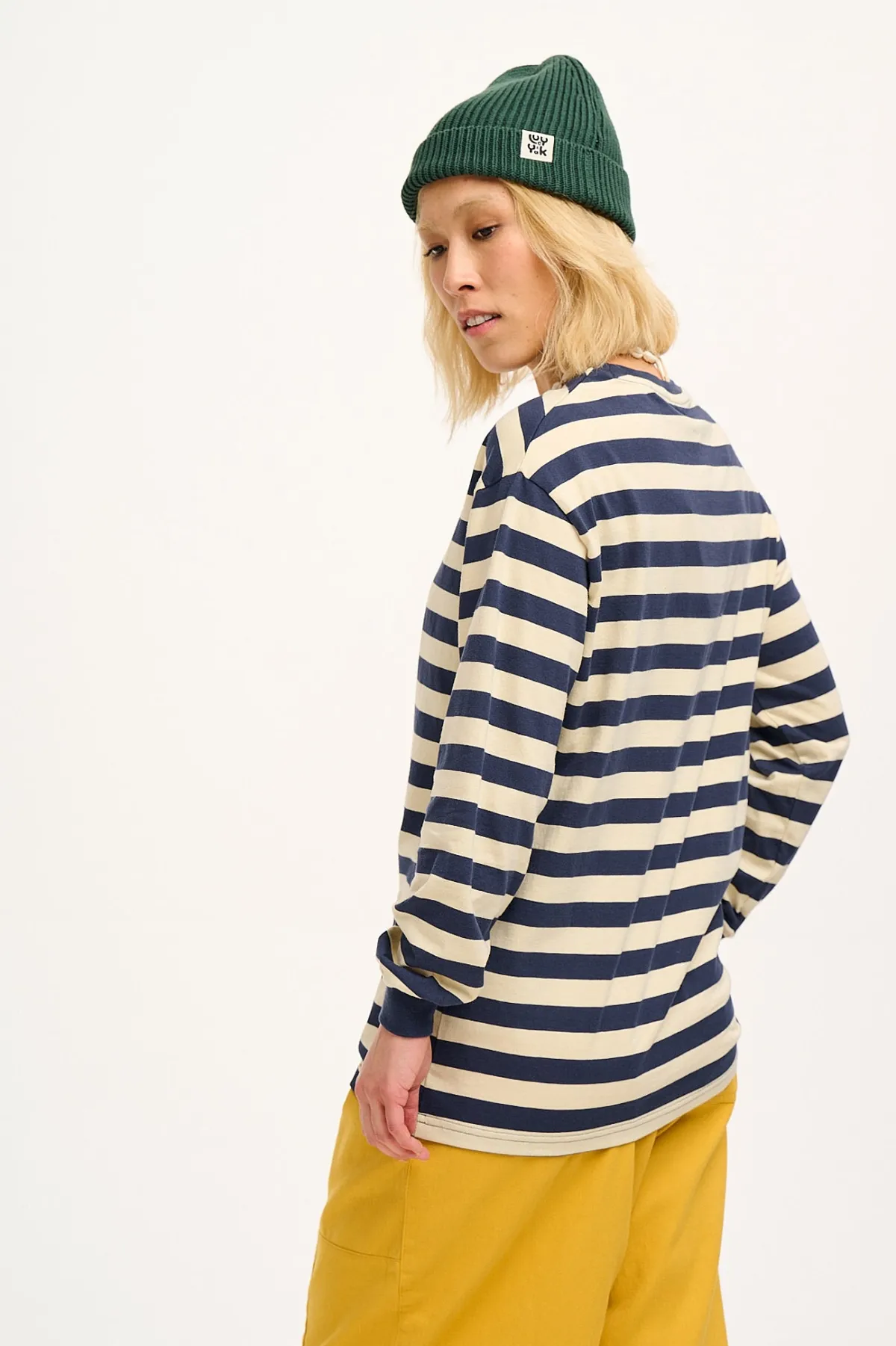 Lucy & Yak Kenny - Long Sleeve Skater Cotton Tee in Navy & Ecru Stripe