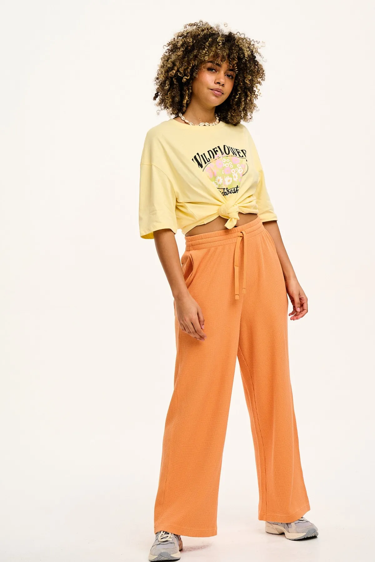 Lucy & Yak Larson - Wide Leg Waffle Cotton Joggers in Sunset Orange