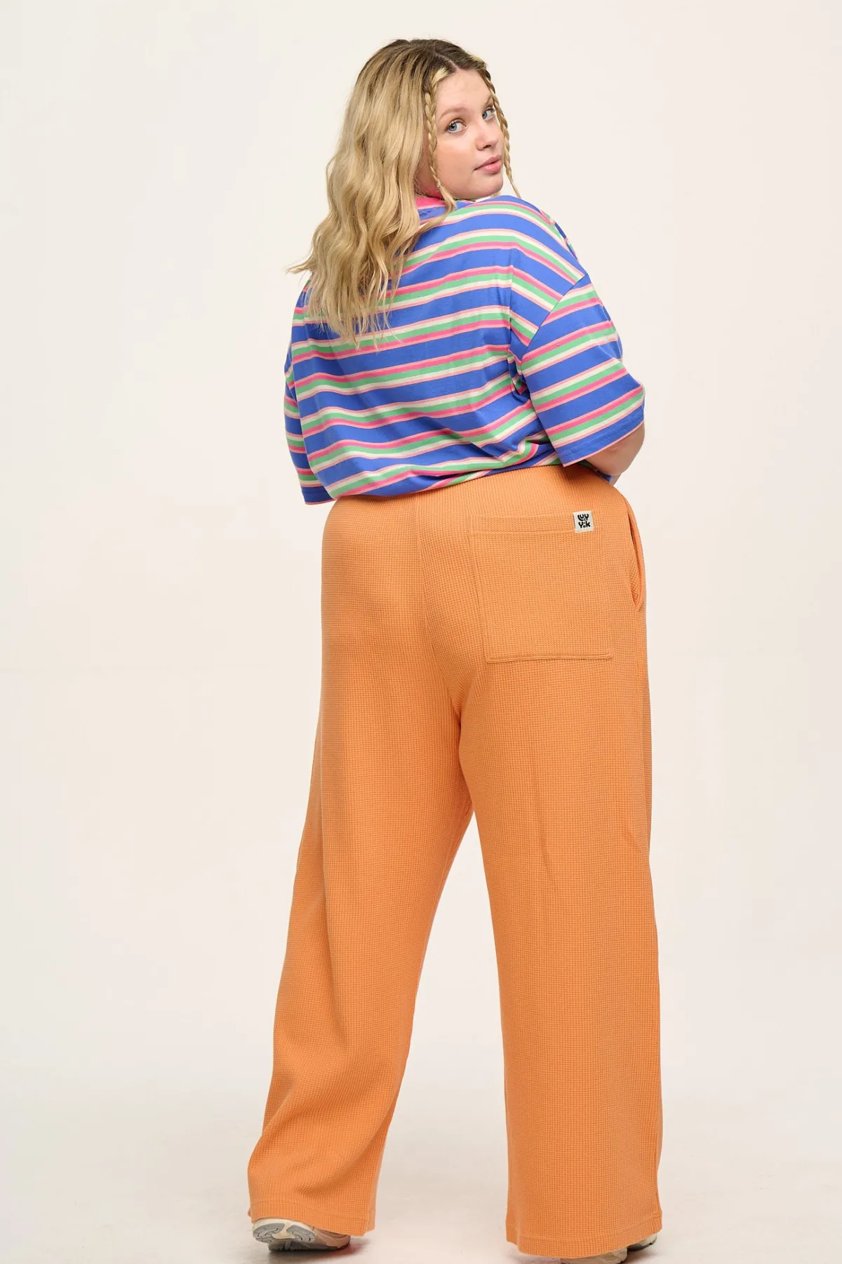 Lucy & Yak Larson - Wide Leg Waffle Cotton Joggers in Sunset Orange