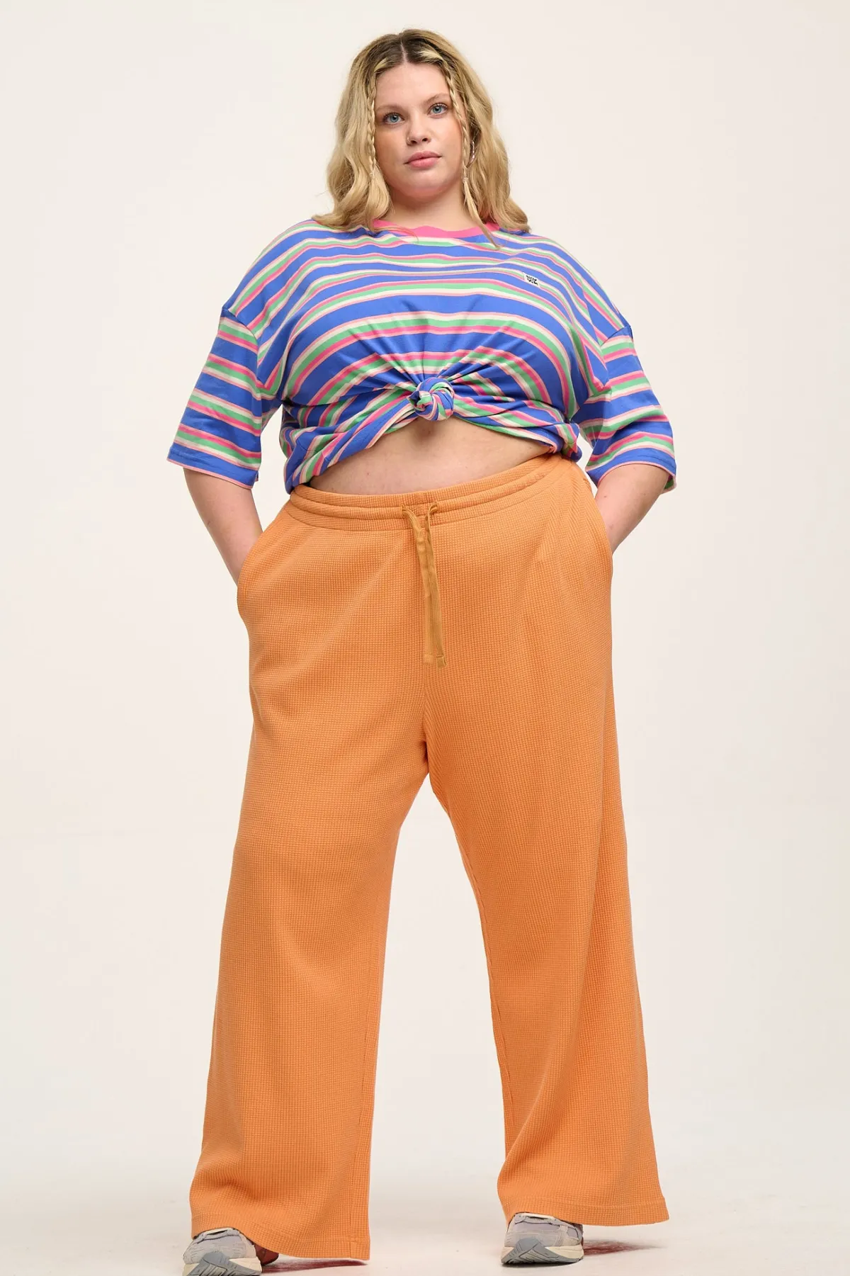 Lucy & Yak Larson - Wide Leg Waffle Cotton Joggers in Sunset Orange