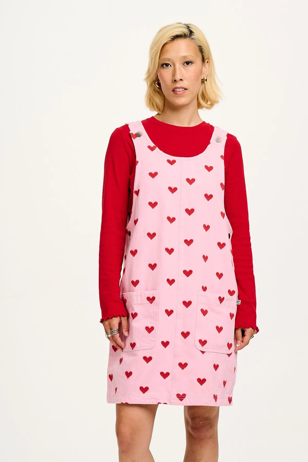 Lucy & Yak Layla - Mini Denim Dress in Pink Heart Juliet Print