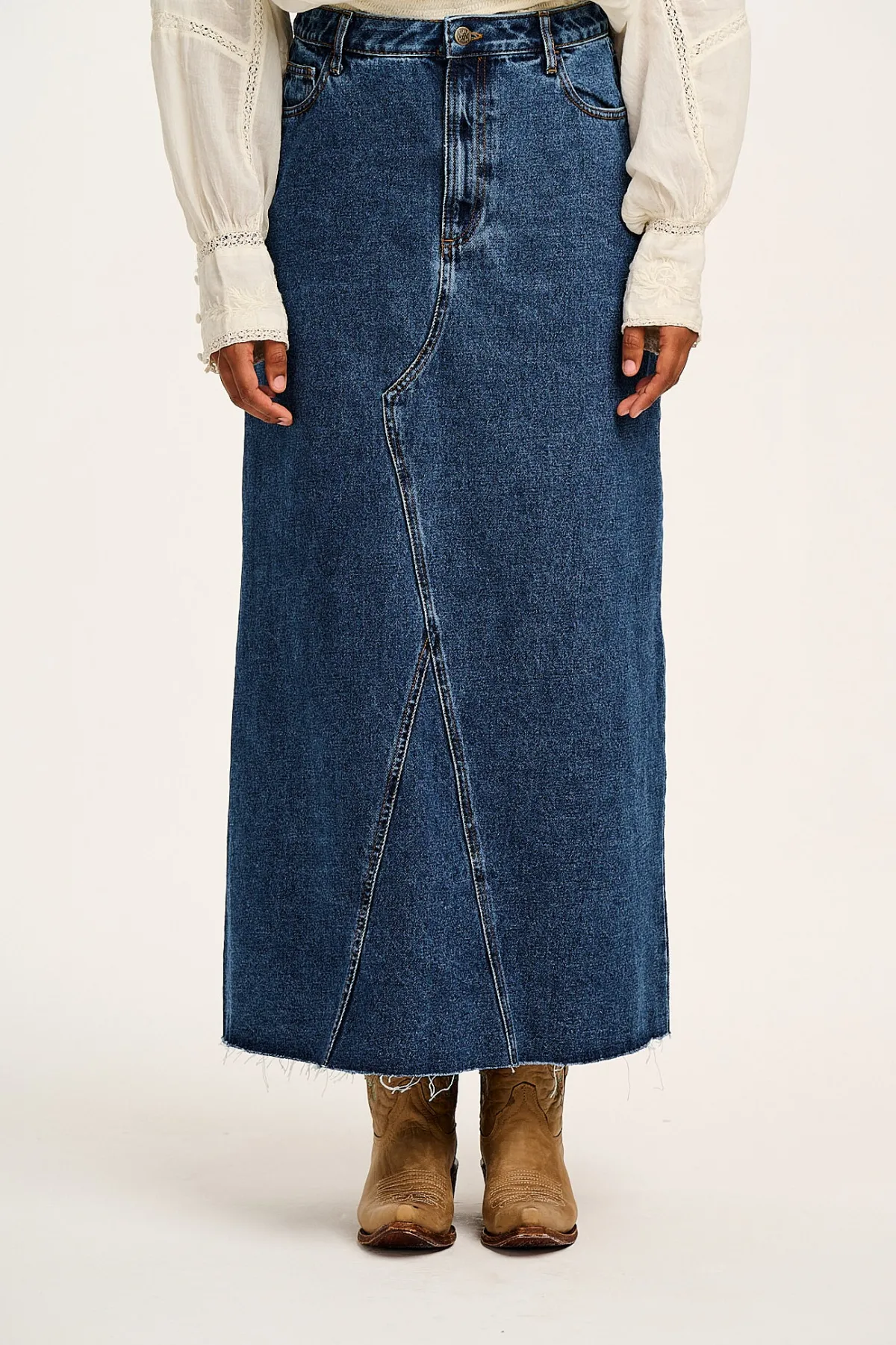 Lucy & Yak Liv - Maxi Denim Skirt in Mid Wash Blue