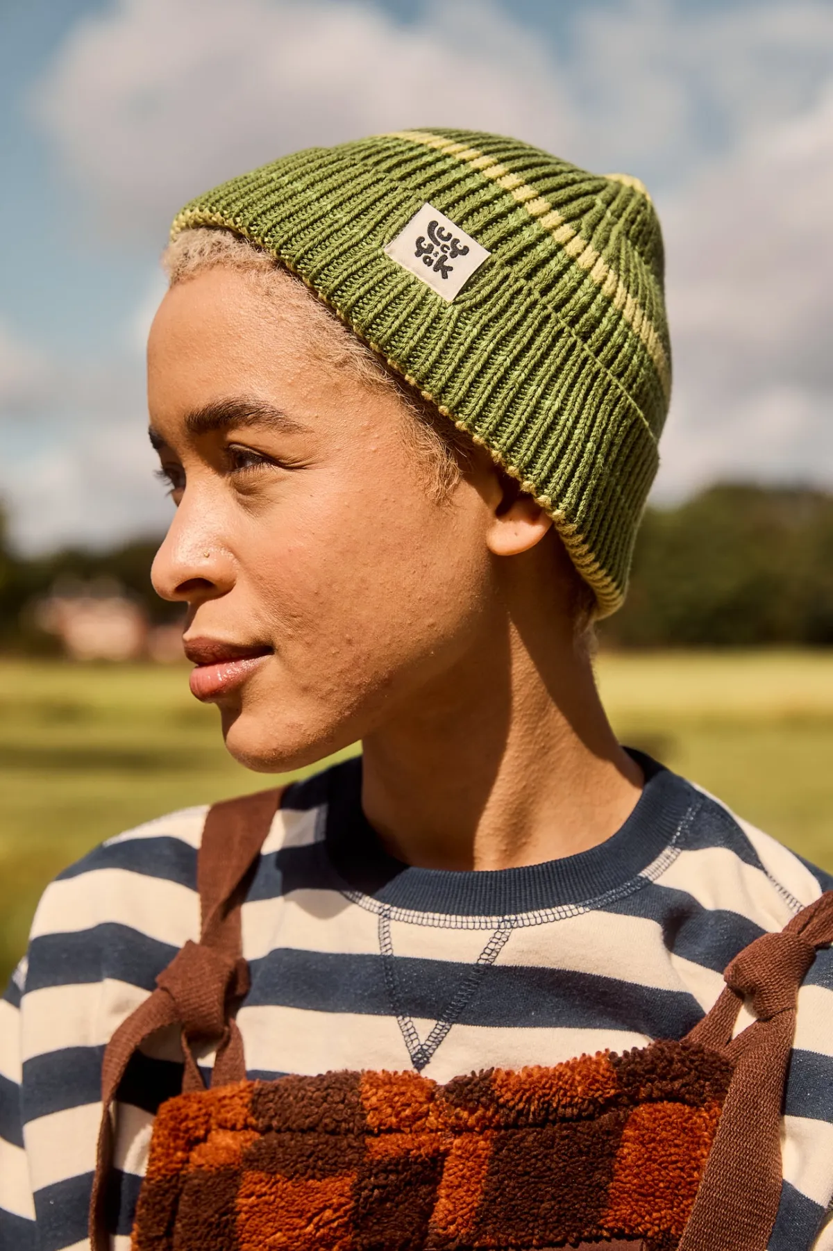 Lucy & Yak Luca - Cotton Beanie in Green Stripe