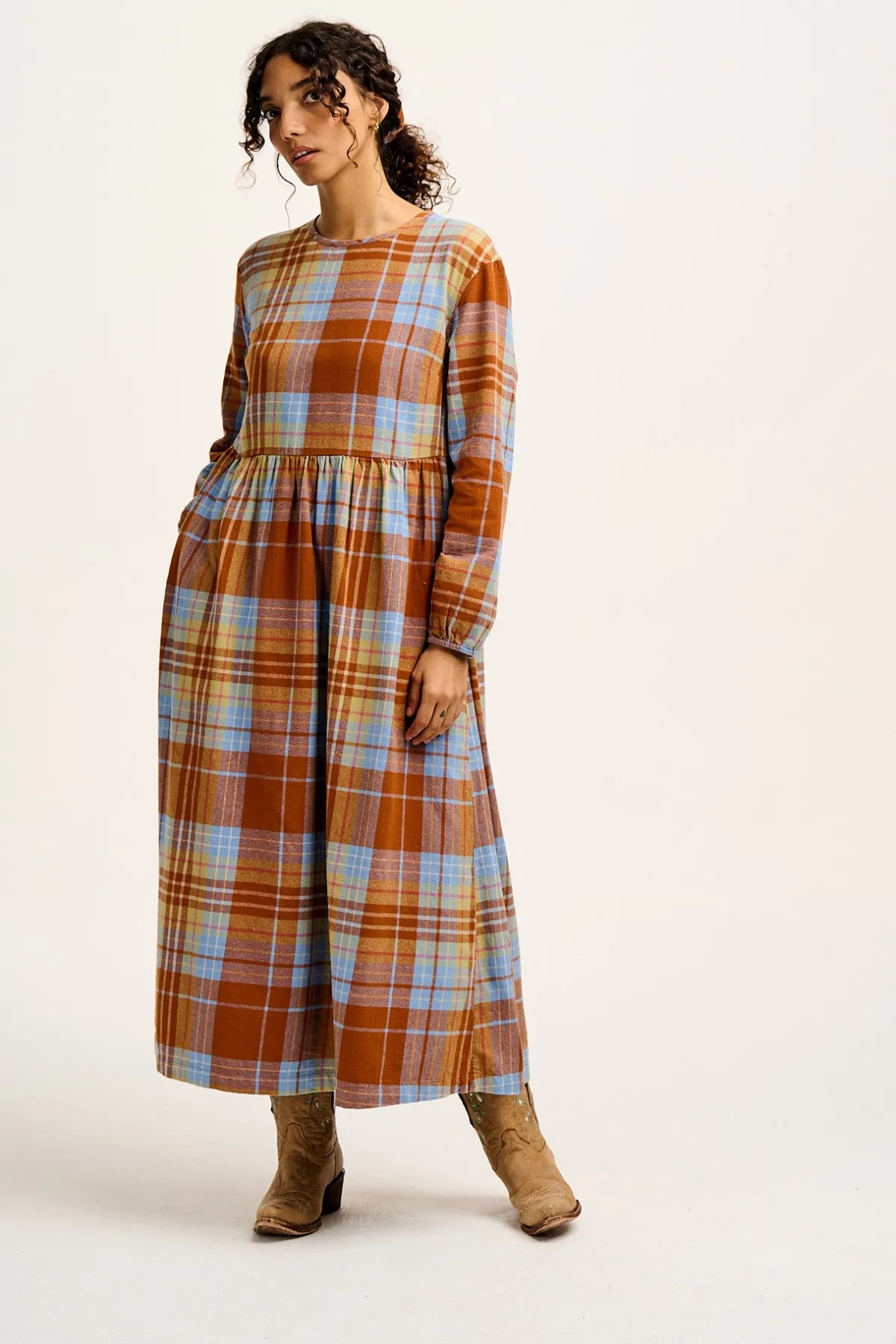 Lucy & Yak Maeve - Midi Dress in Brown & Blue Alastair Tartan Print