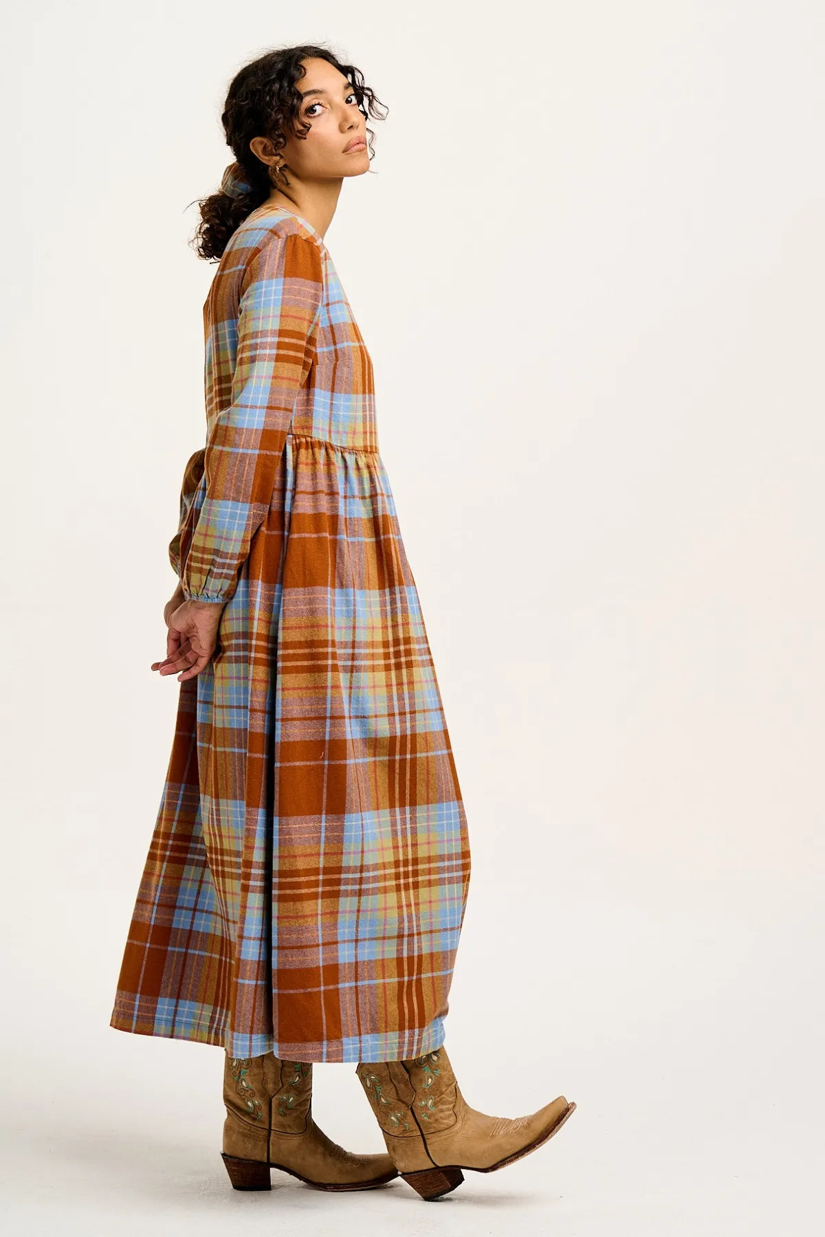 Lucy & Yak Maeve - Midi Dress in Brown & Blue Alastair Tartan Print