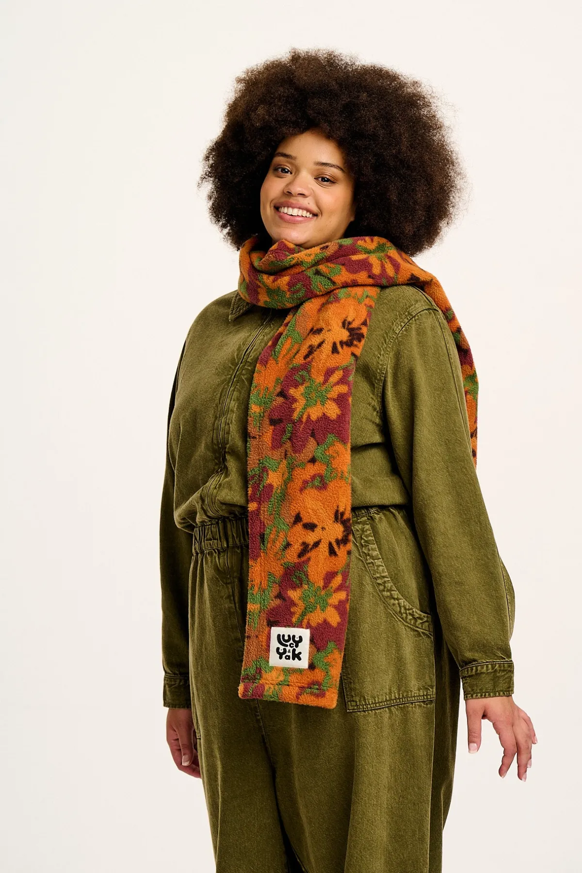 Lucy & Yak Ola - Polar Fleece Scarf in Orange Cass Floral Print
