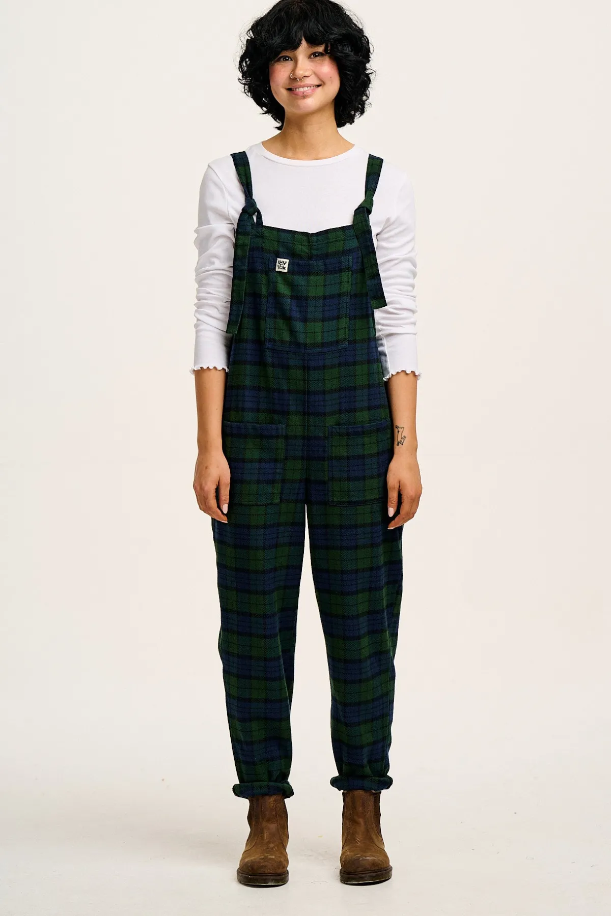 Lucy & Yak Original - Brushed Cotton Dungarees in Blue & Green Wilderness Tartan