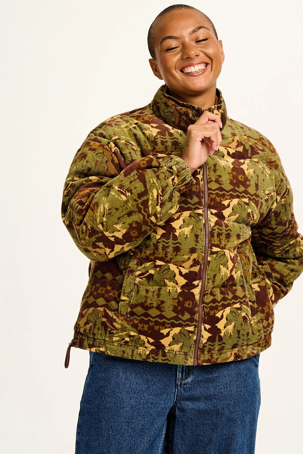 Lucy & Yak Paloma - Corduroy Puffer Jacket in Green & Brown Nevis Print
