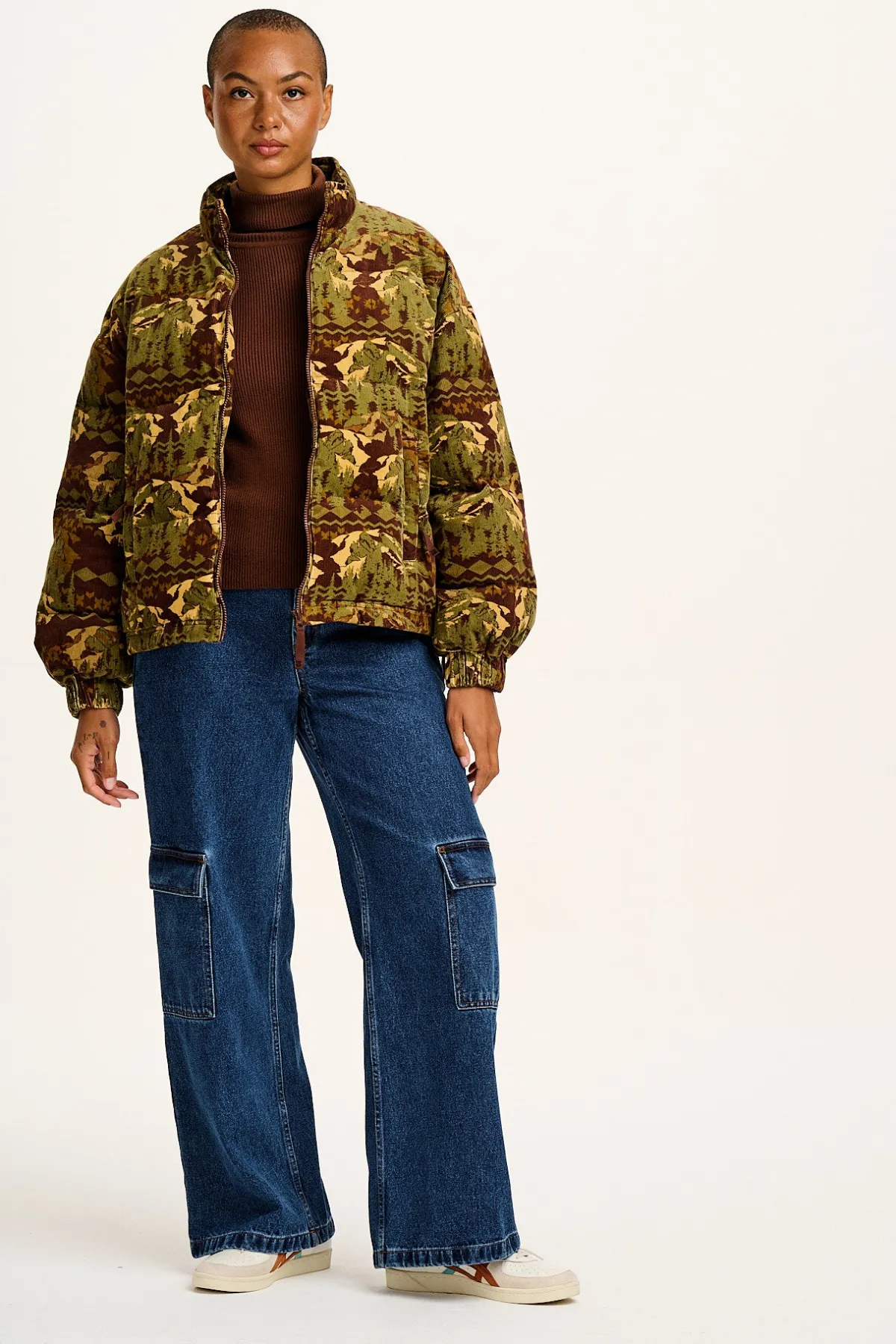 Lucy & Yak Paloma - Corduroy Puffer Jacket in Green & Brown Nevis Print