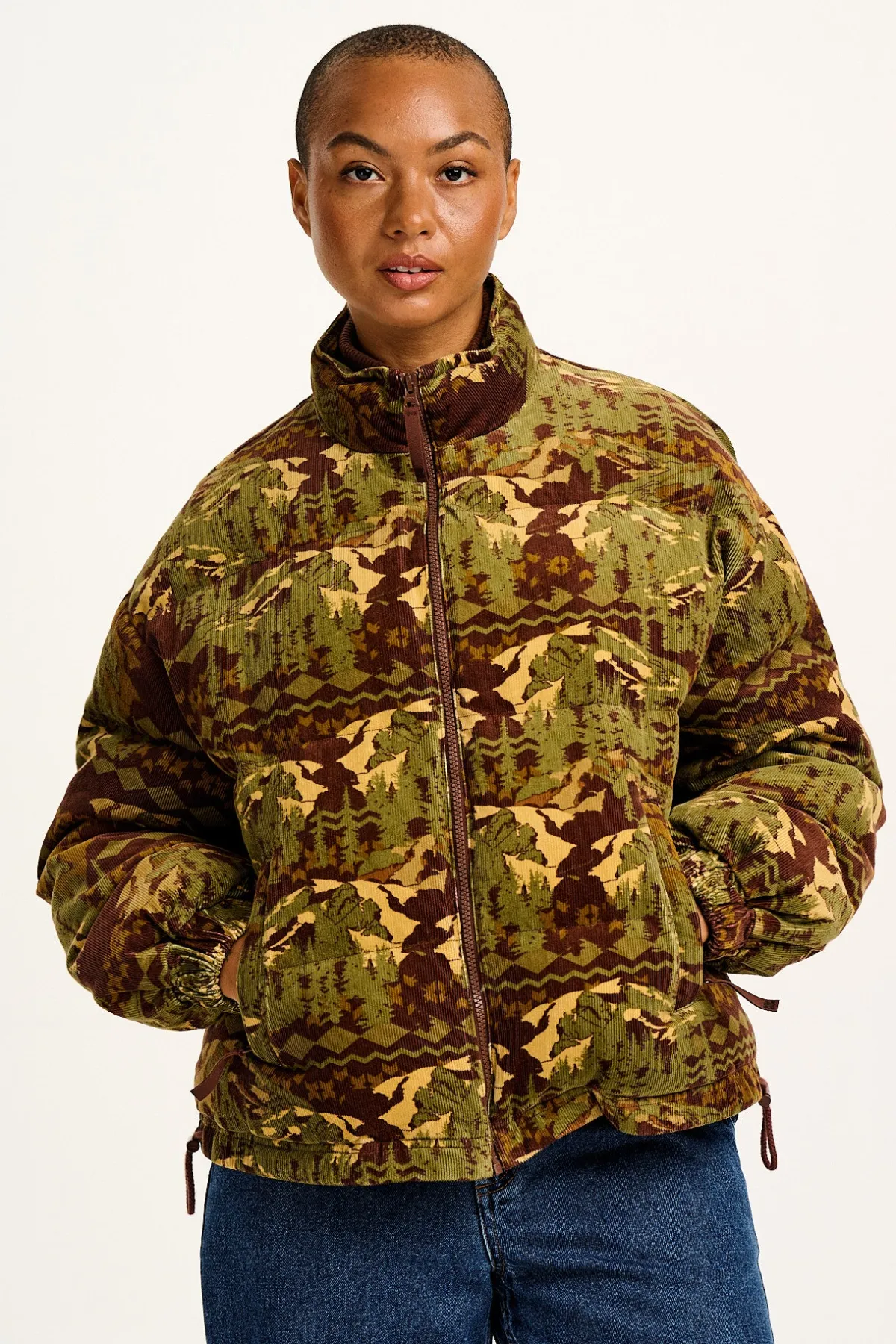 Lucy & Yak Paloma - Corduroy Puffer Jacket in Green & Brown Nevis Print