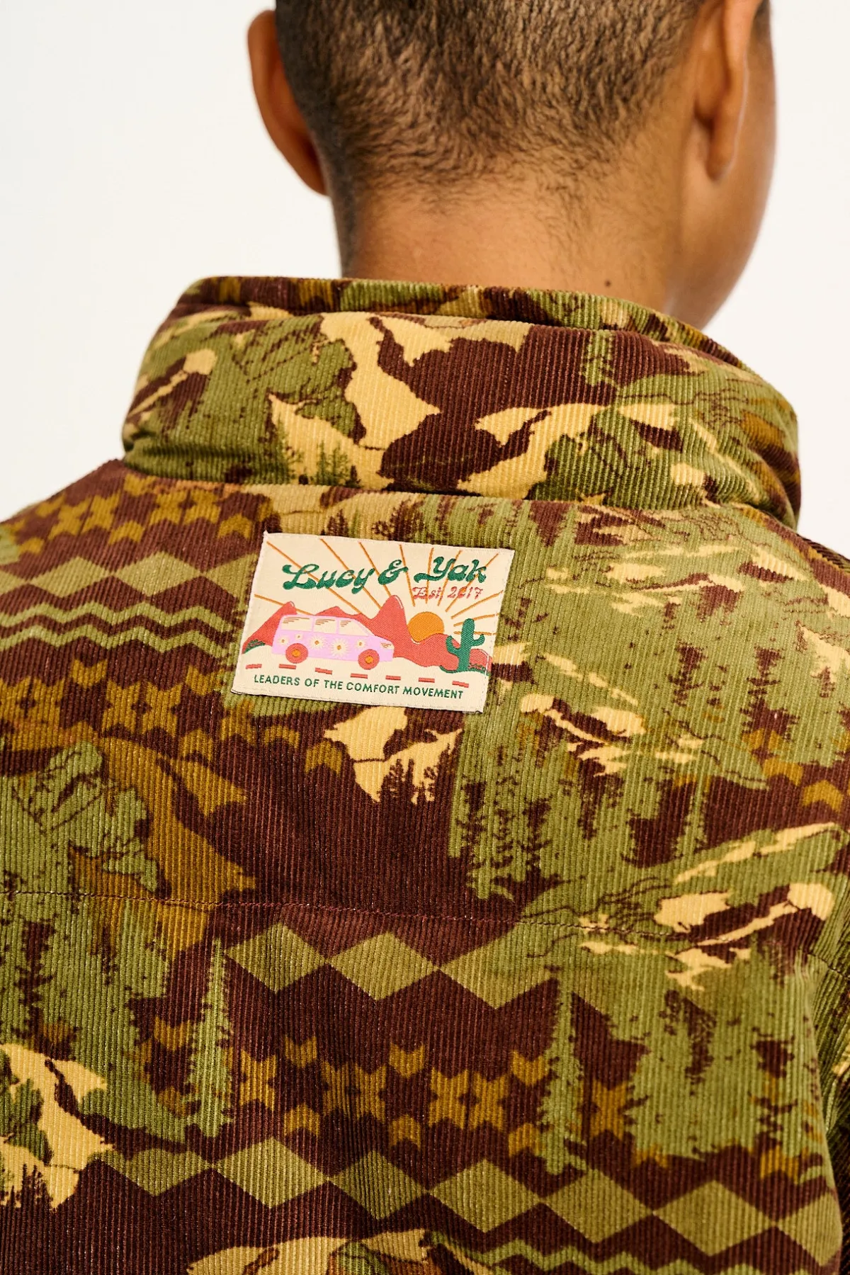 Lucy & Yak Paloma - Corduroy Puffer Jacket in Green & Brown Nevis Print