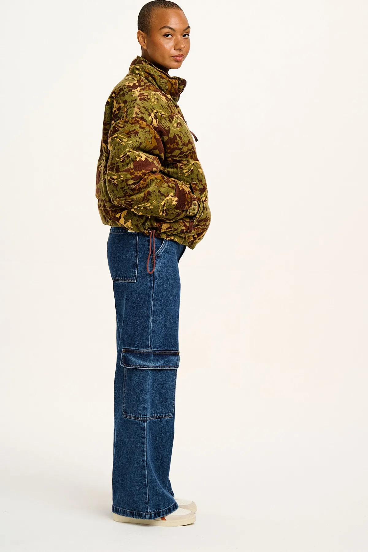Lucy & Yak Paloma - Corduroy Puffer Jacket in Green & Brown Nevis Print