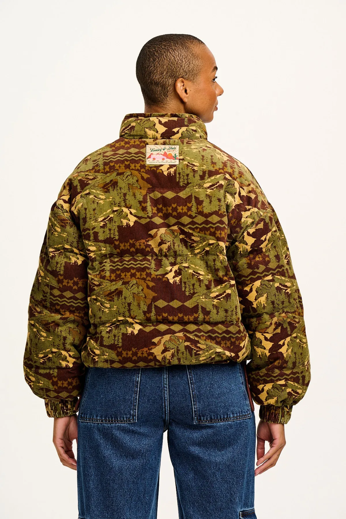 Lucy & Yak Paloma - Corduroy Puffer Jacket in Green & Brown Nevis Print