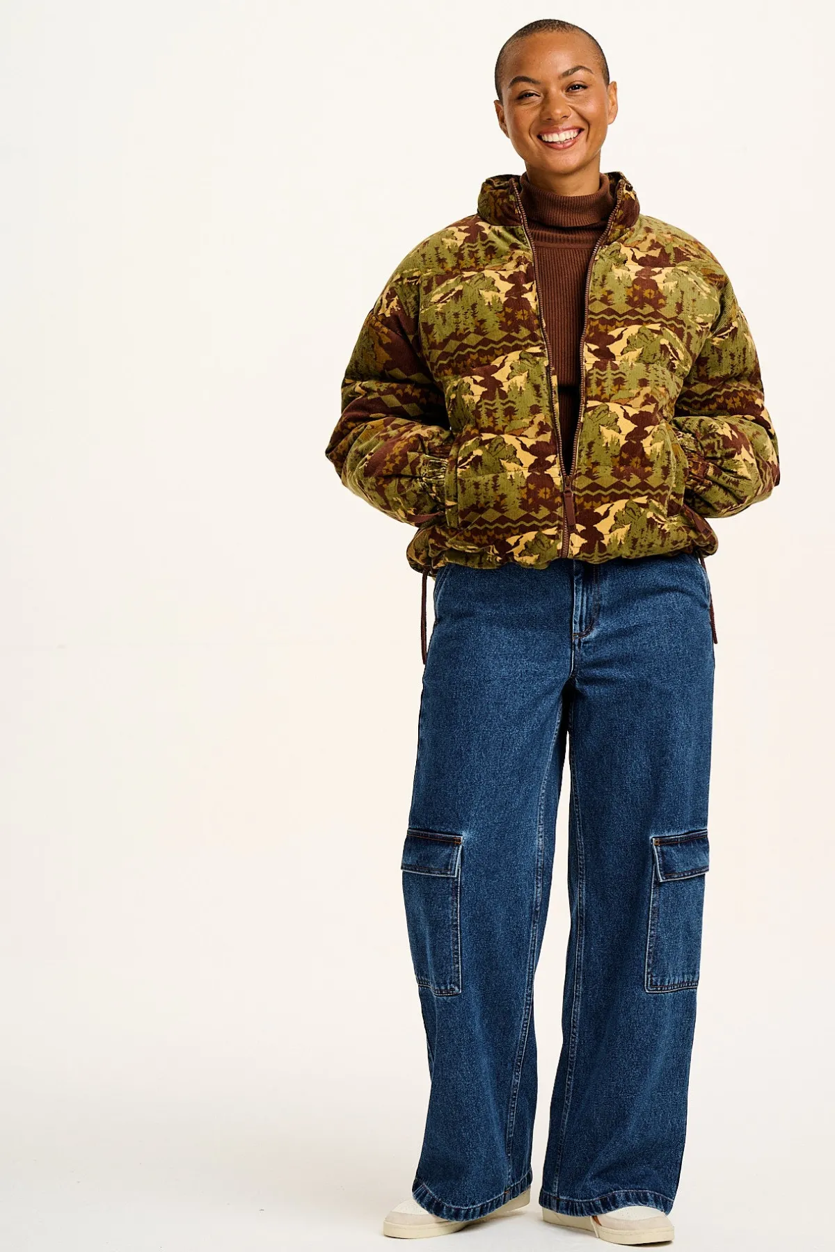 Lucy & Yak Paloma - Corduroy Puffer Jacket in Green & Brown Nevis Print