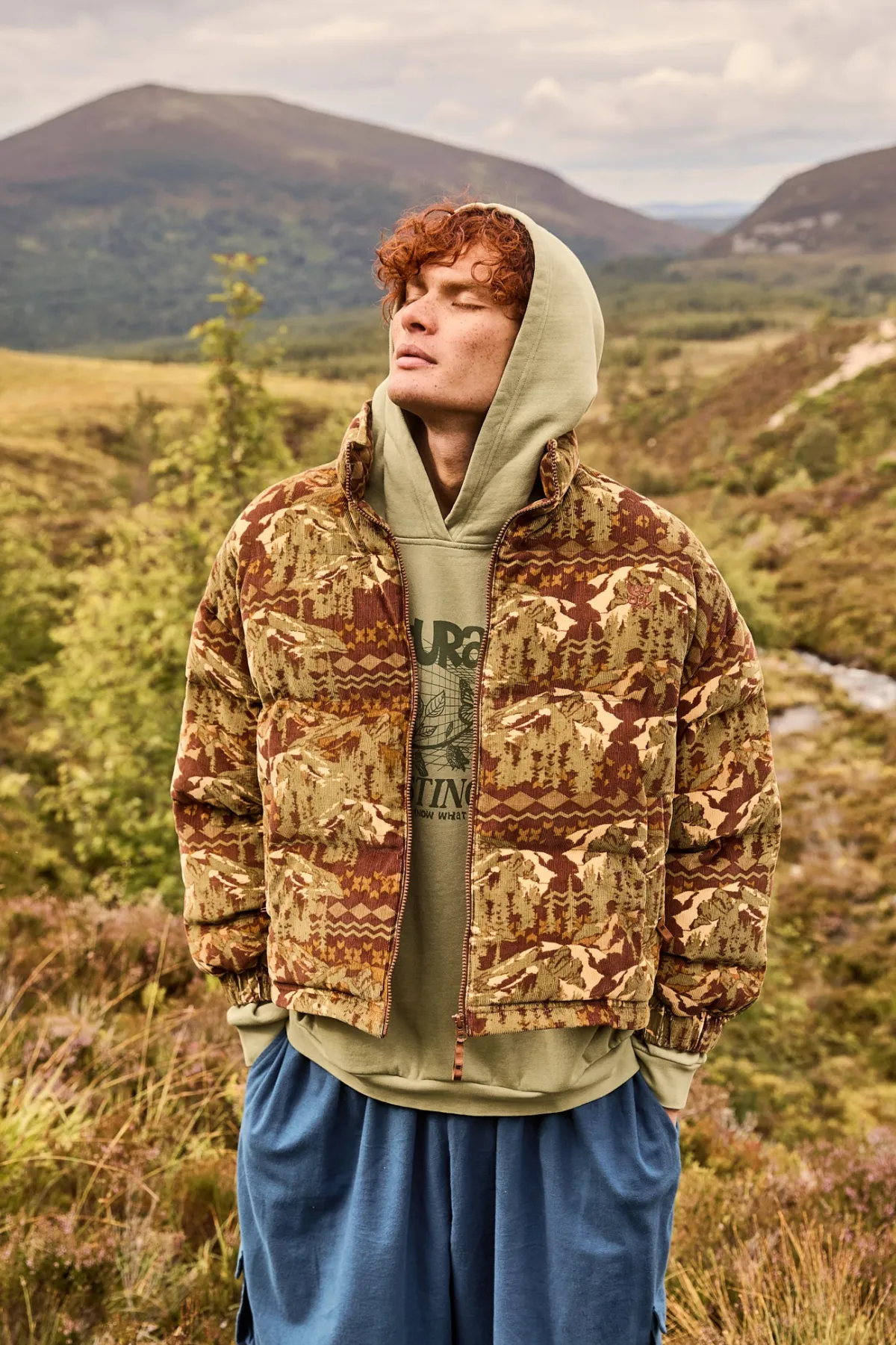 Lucy & Yak Paloma - Corduroy Puffer Jacket in Green & Brown Nevis Print