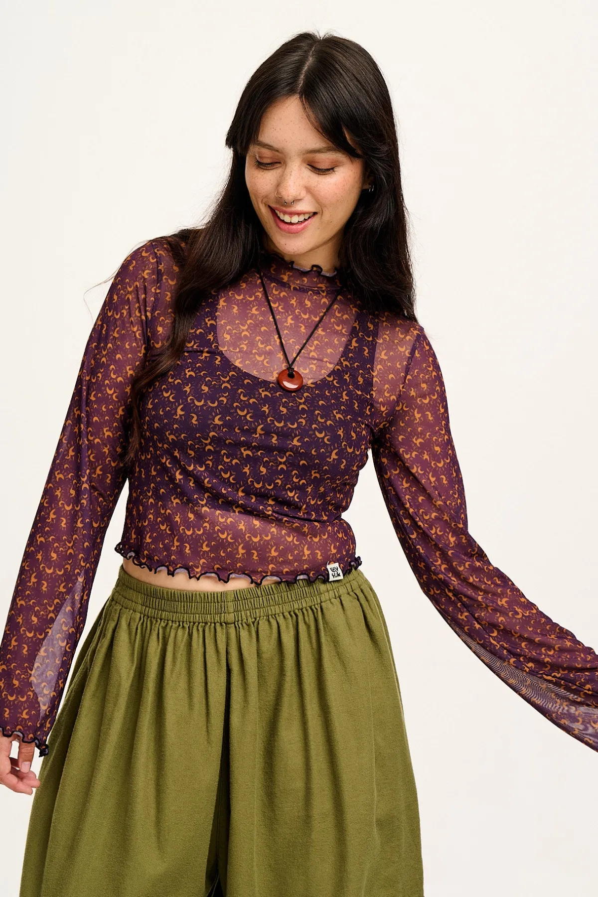 Lucy & Yak Perrie - Long Sleeve Mesh Top in Purple with Belinay Print