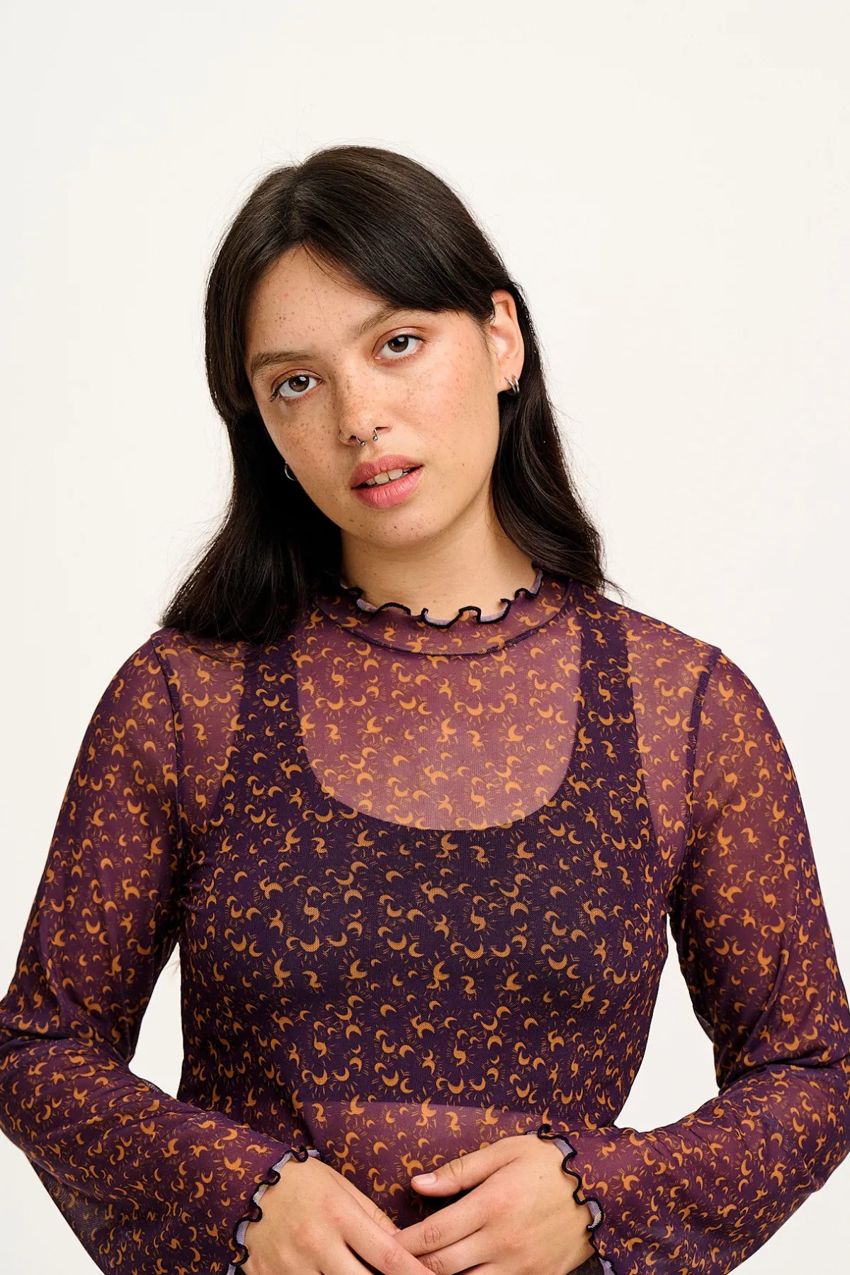 Lucy & Yak Perrie - Long Sleeve Mesh Top in Purple with Belinay Print