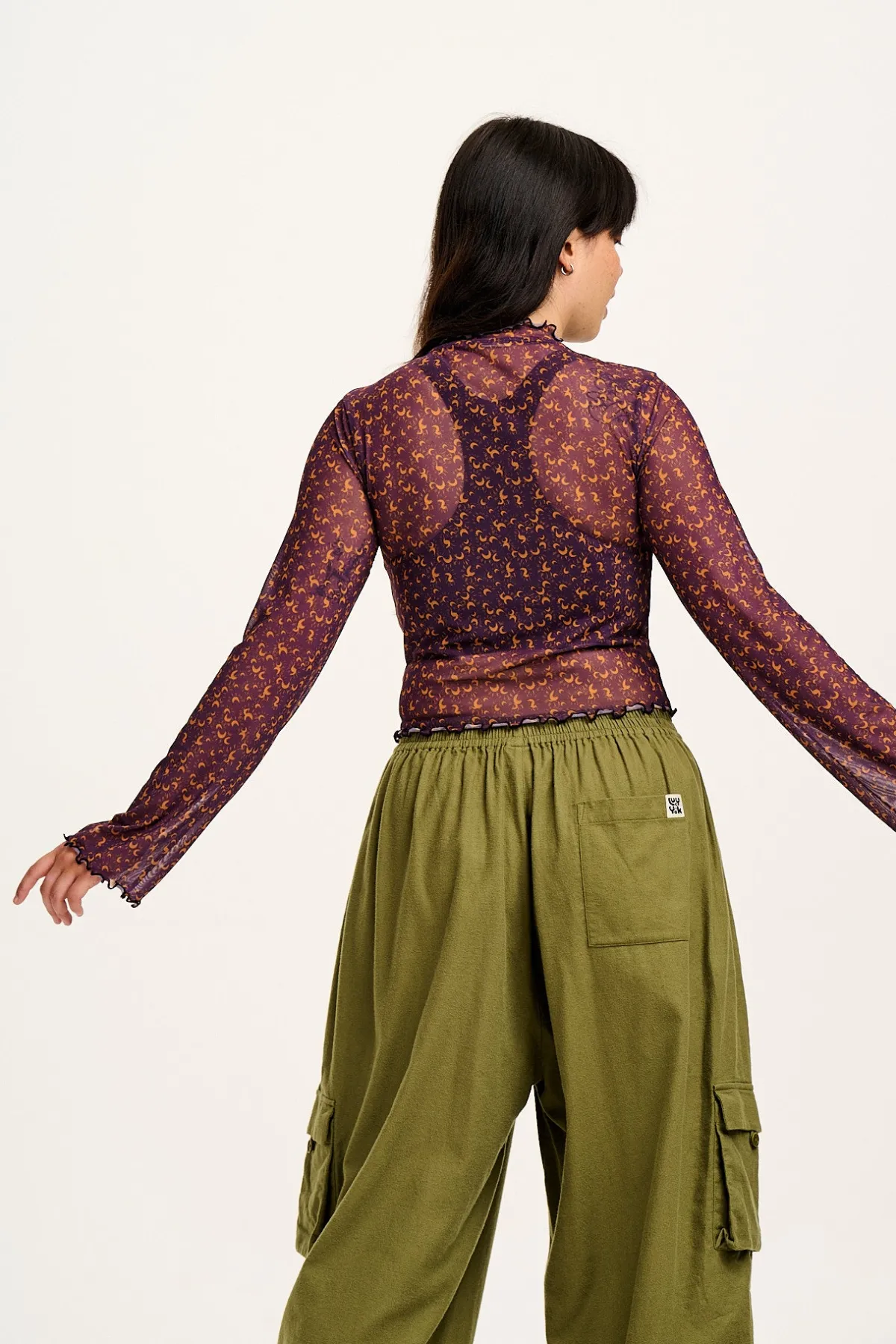 Lucy & Yak Perrie - Long Sleeve Mesh Top in Purple with Belinay Print