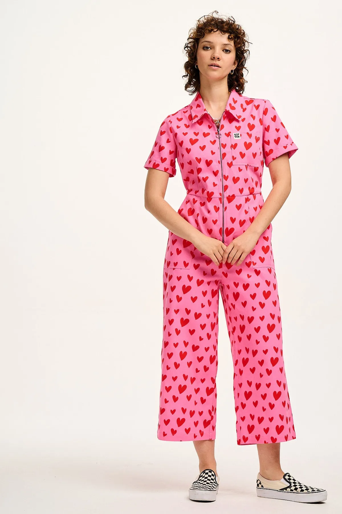 Lucy & Yak Ragan - Cotton Jumpsuit in Pink Heart Cupid Print