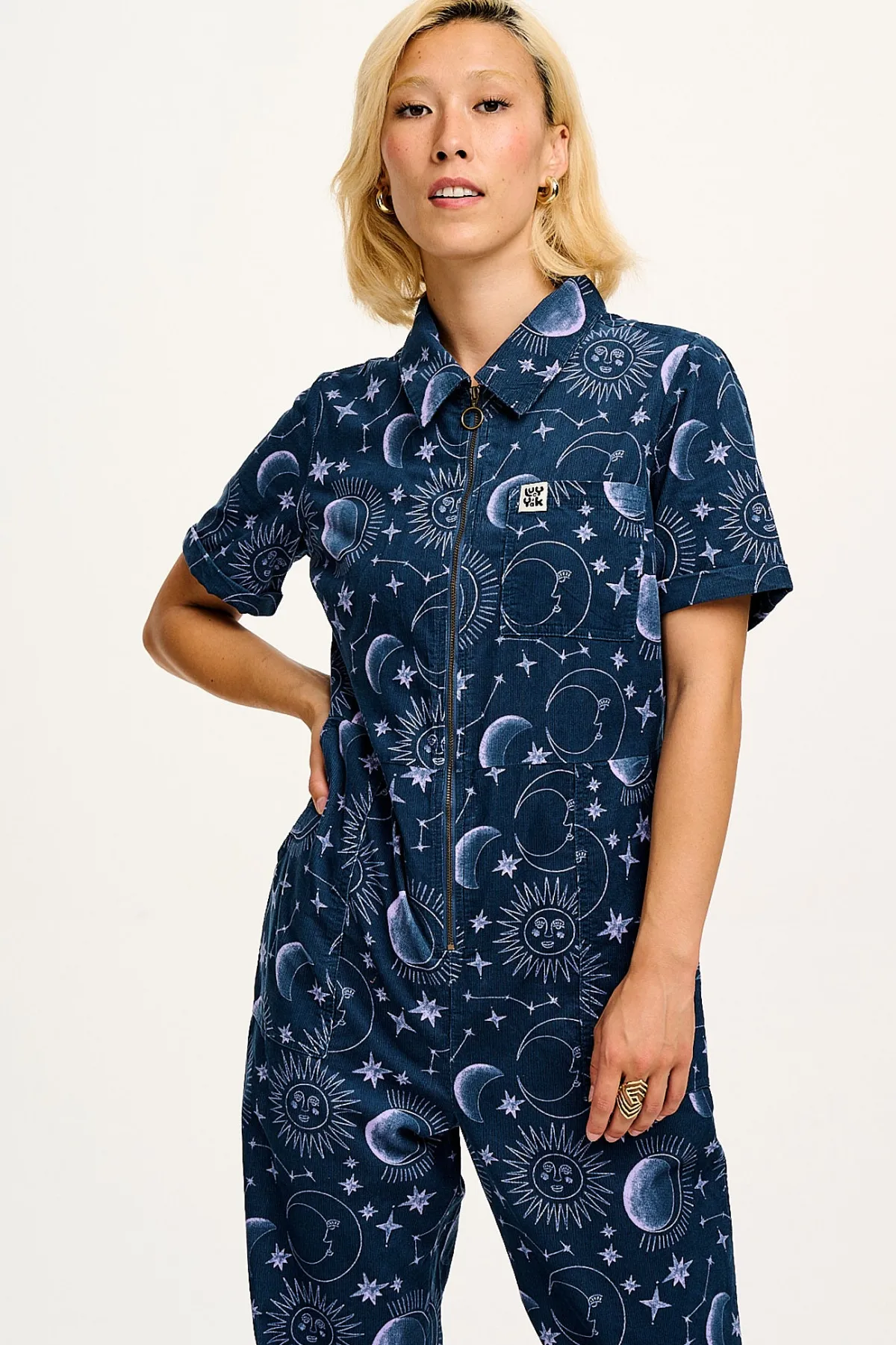 Lucy & Yak Rex - Short Sleeve Corduroy Jumpsuit in Aurora Print