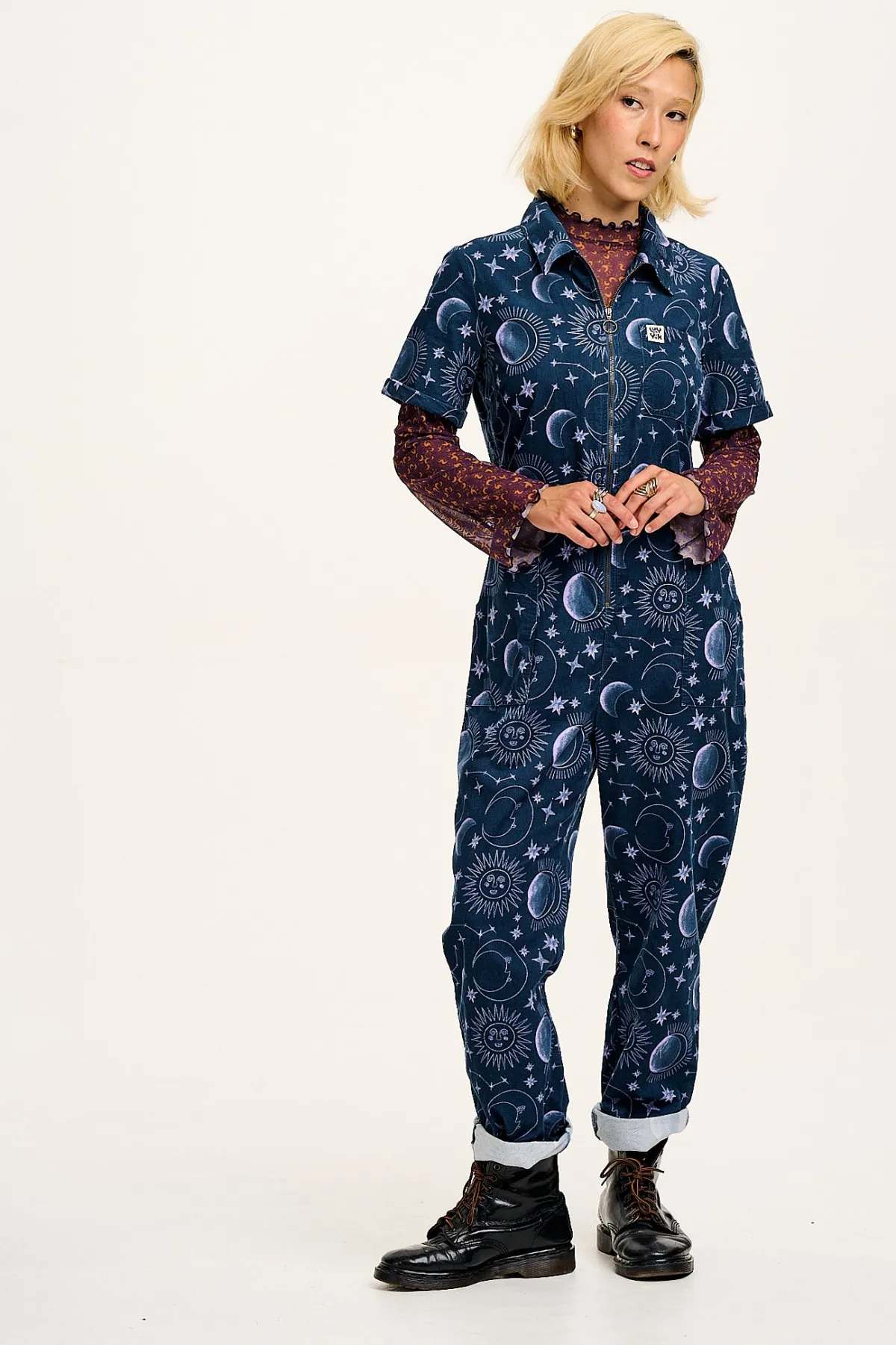 Lucy & Yak Rex - Short Sleeve Corduroy Jumpsuit in Aurora Print