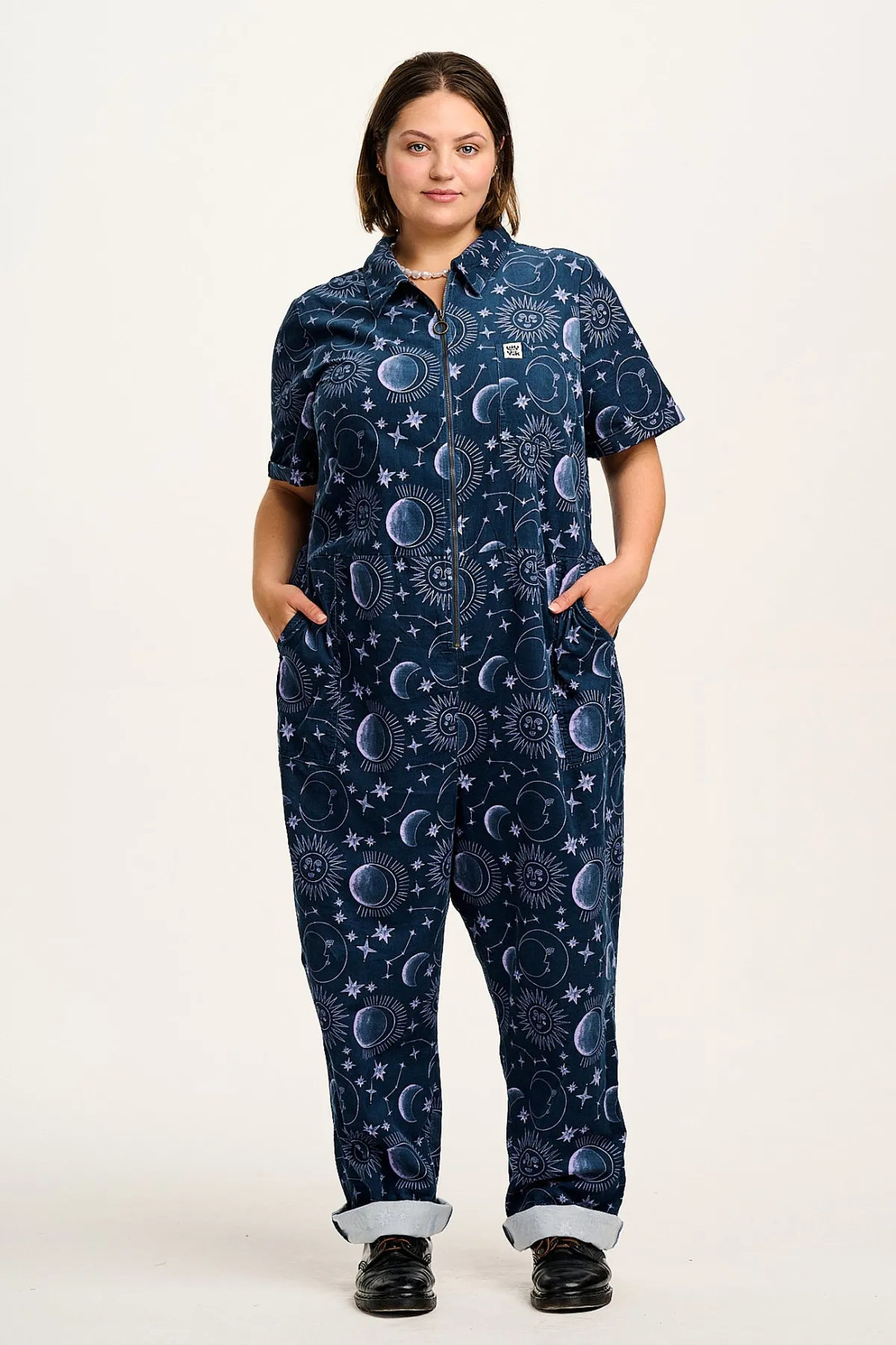 Lucy & Yak Rex - Short Sleeve Corduroy Jumpsuit in Aurora Print